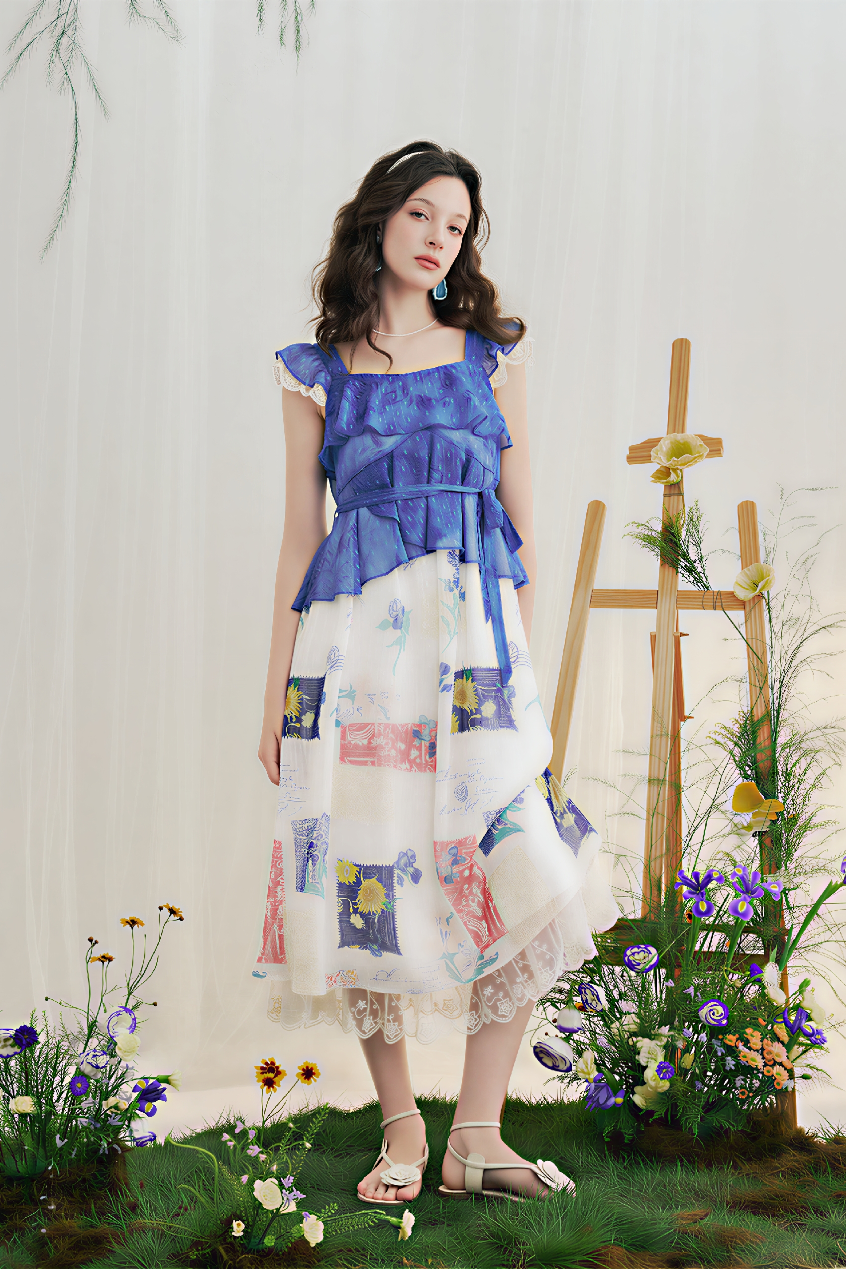 Blue Ruffle Oil-Paint Strappy Maxi Dress | LYONSENS Women's Fashion