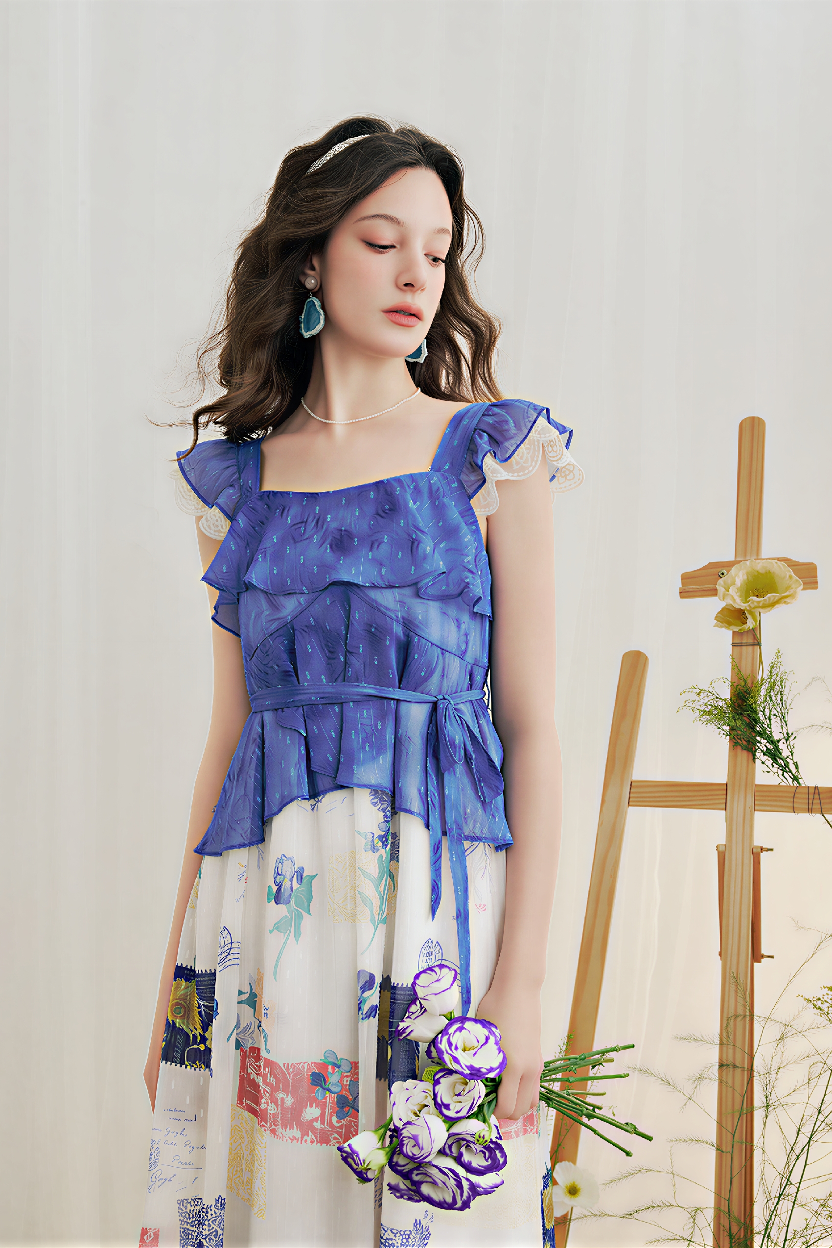 Blue Ruffle Oil-Paint Strappy Maxi Dress | LYONSENS Women's Fashion