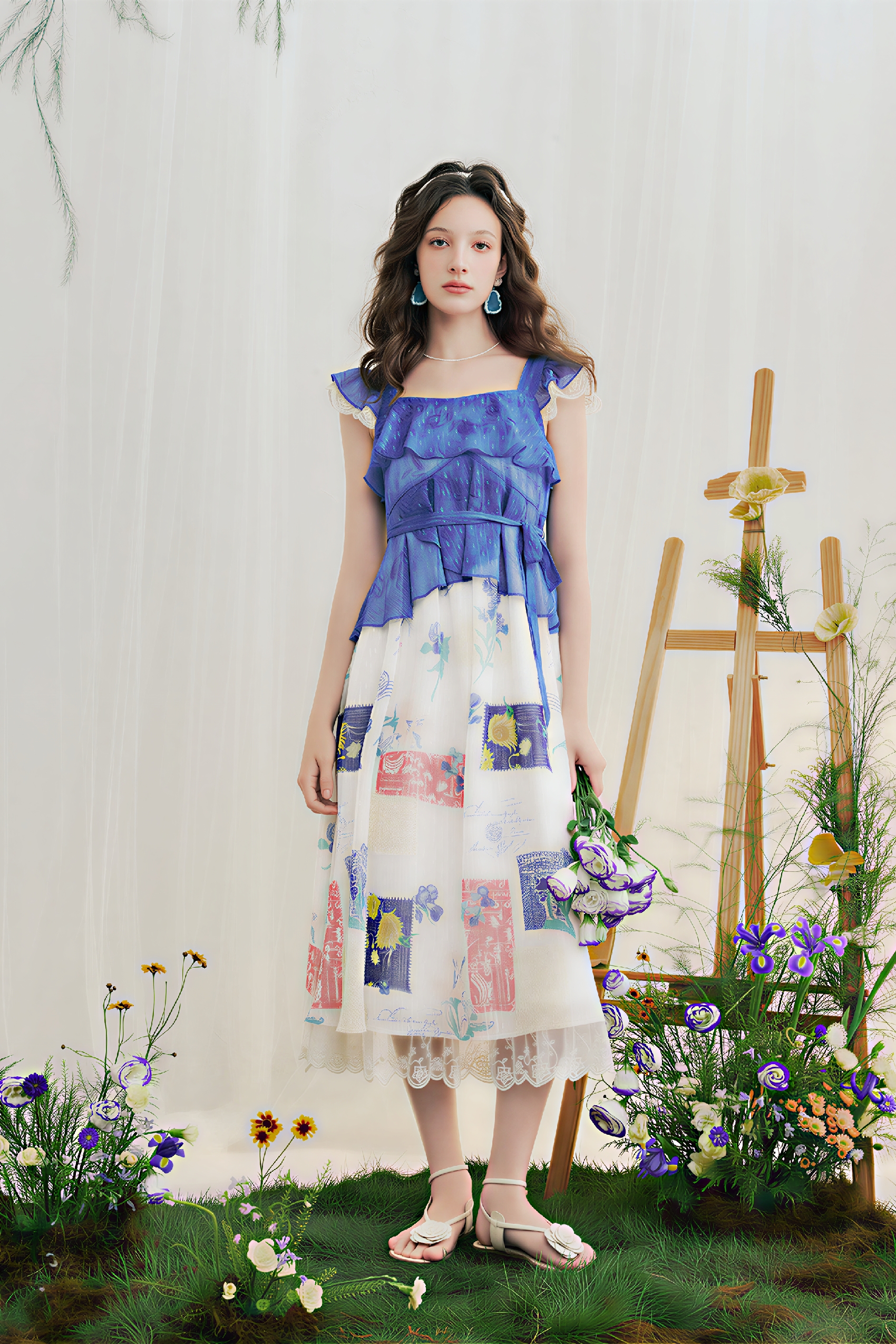 Blue Ruffle Oil-Paint Strappy Maxi Dress | LYONSENS Women's Fashion