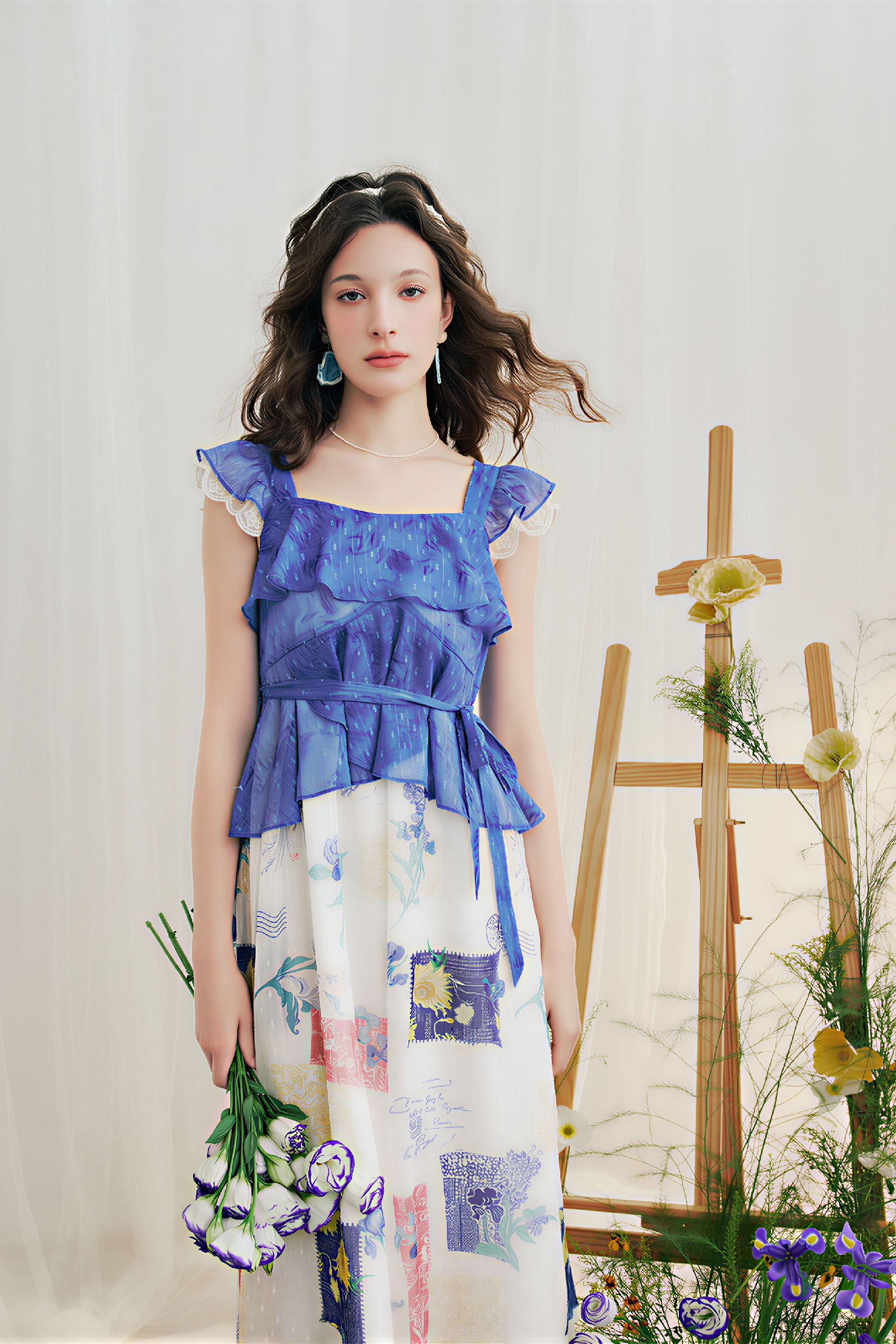 Blue Ruffle Oil-Paint Strappy Maxi Dress | LYONSENS Women's Fashion