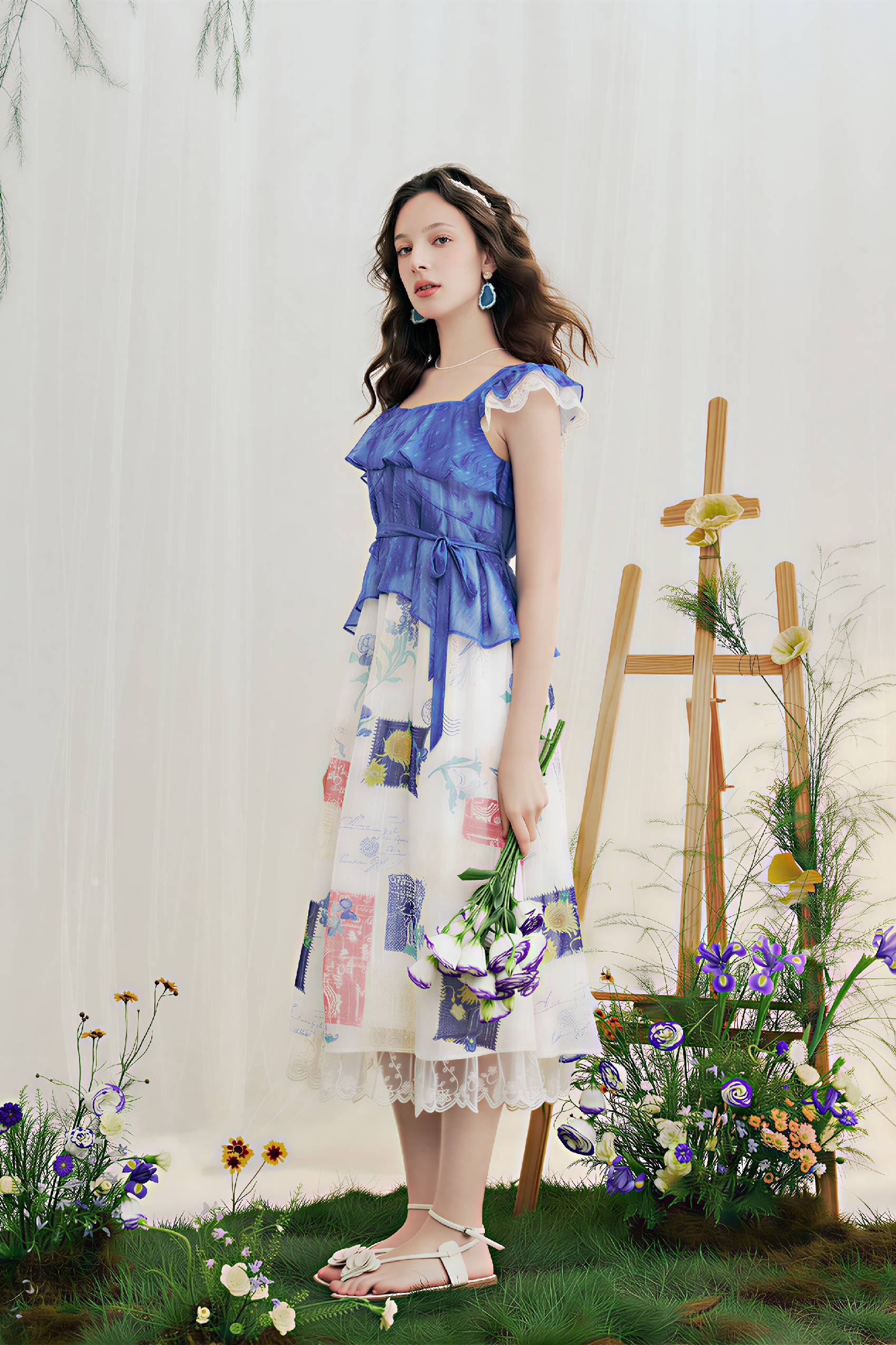 Blue Ruffle Oil-Paint Strappy Maxi Dress | LYONSENS Women's Fashion