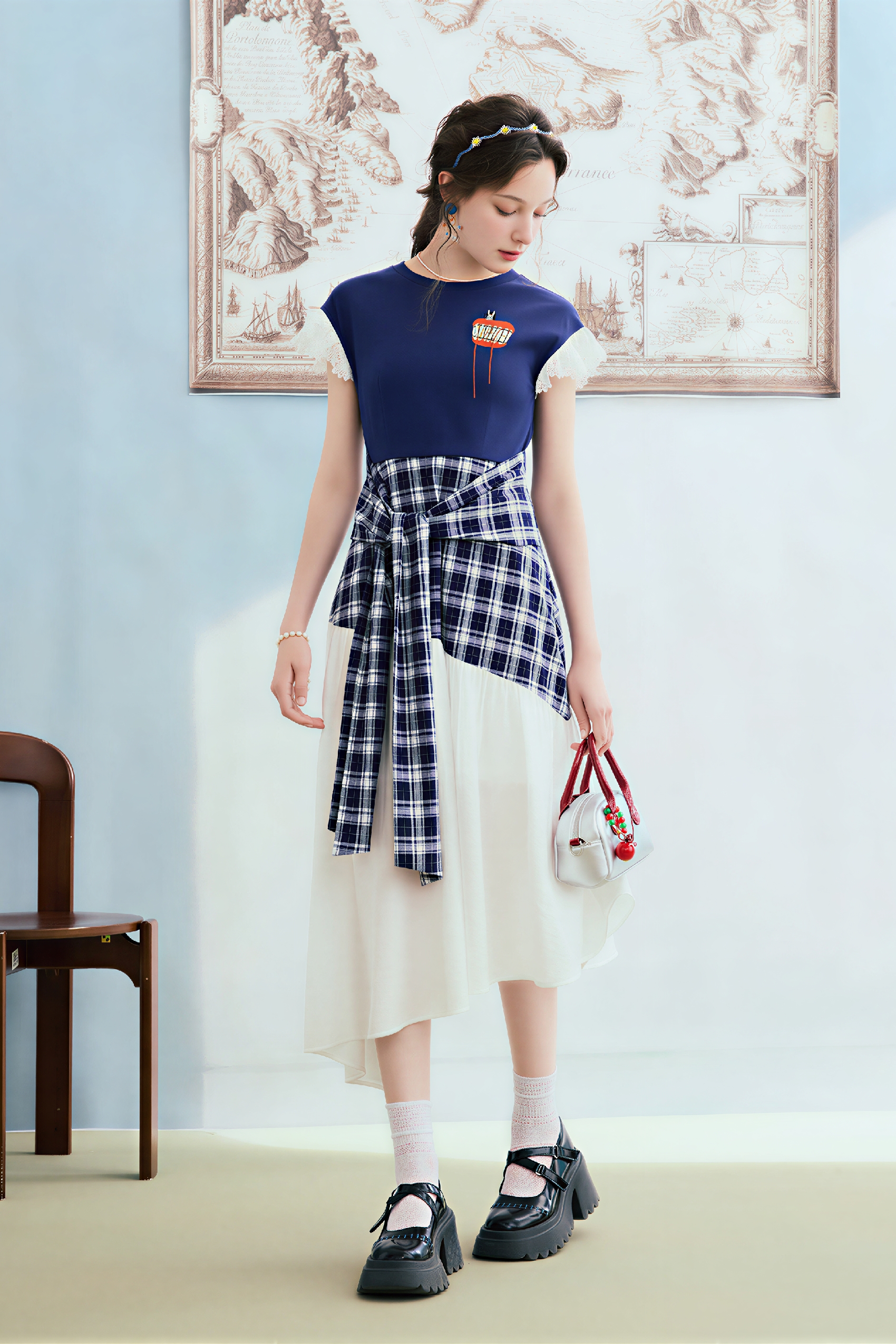 Van Gogh-Inspired Plaid Faux Two-Piece Dress | LYONSENS Women's Fashion