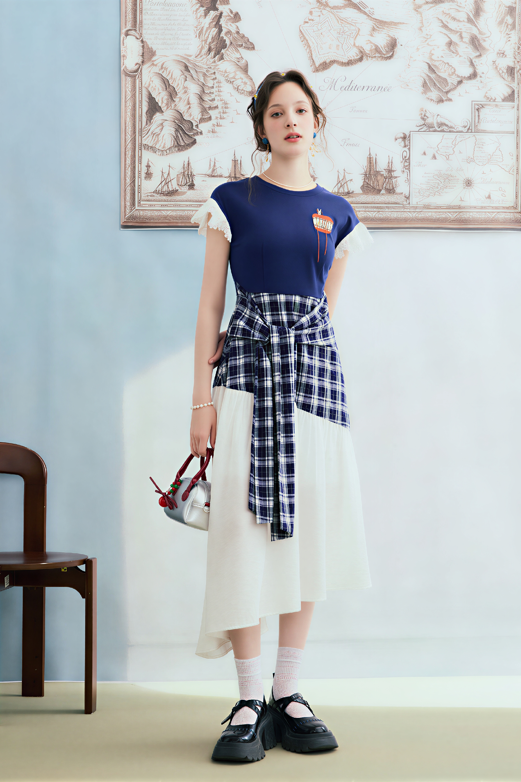 Van Gogh-Inspired Plaid Faux Two-Piece Dress | LYONSENS Women's Fashion