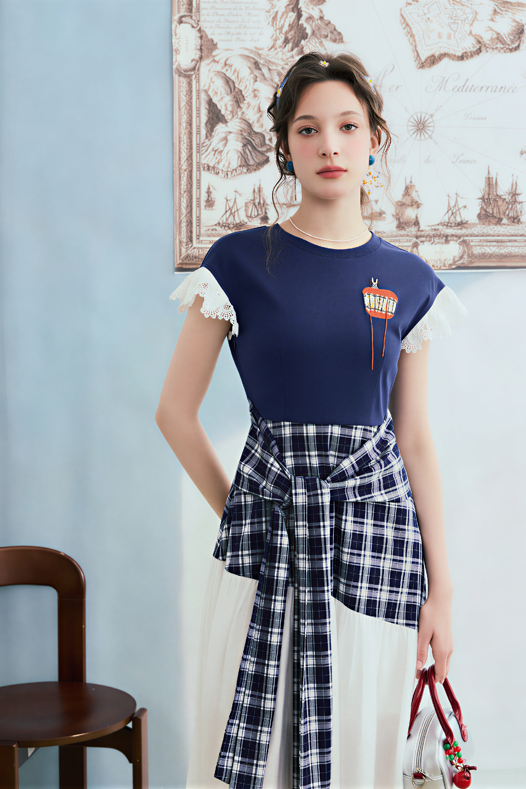 Van Gogh-Inspired Plaid Faux Two-Piece Dress | LYONSENS Women's Fashion
