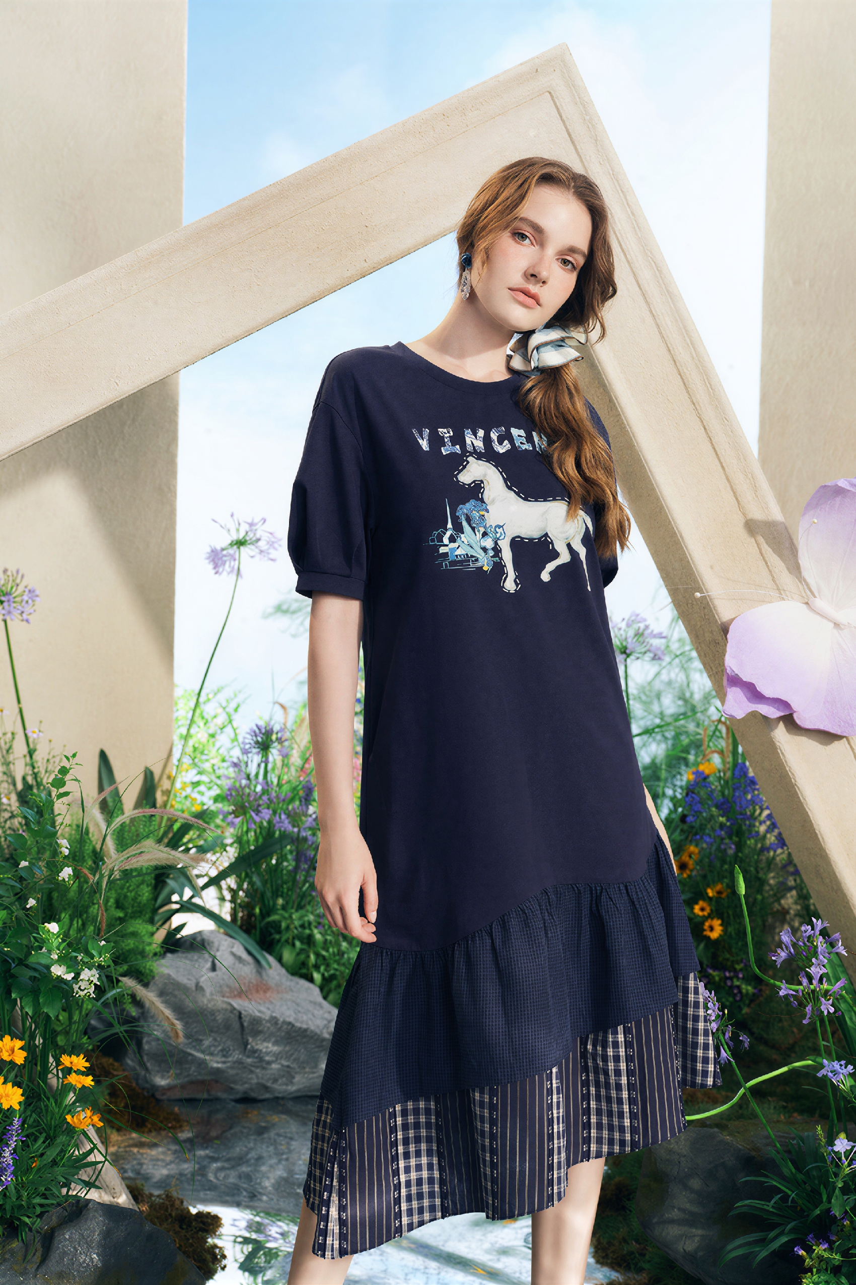 Vintage Printed Relaxed Short-Sleeve Maxi Dress