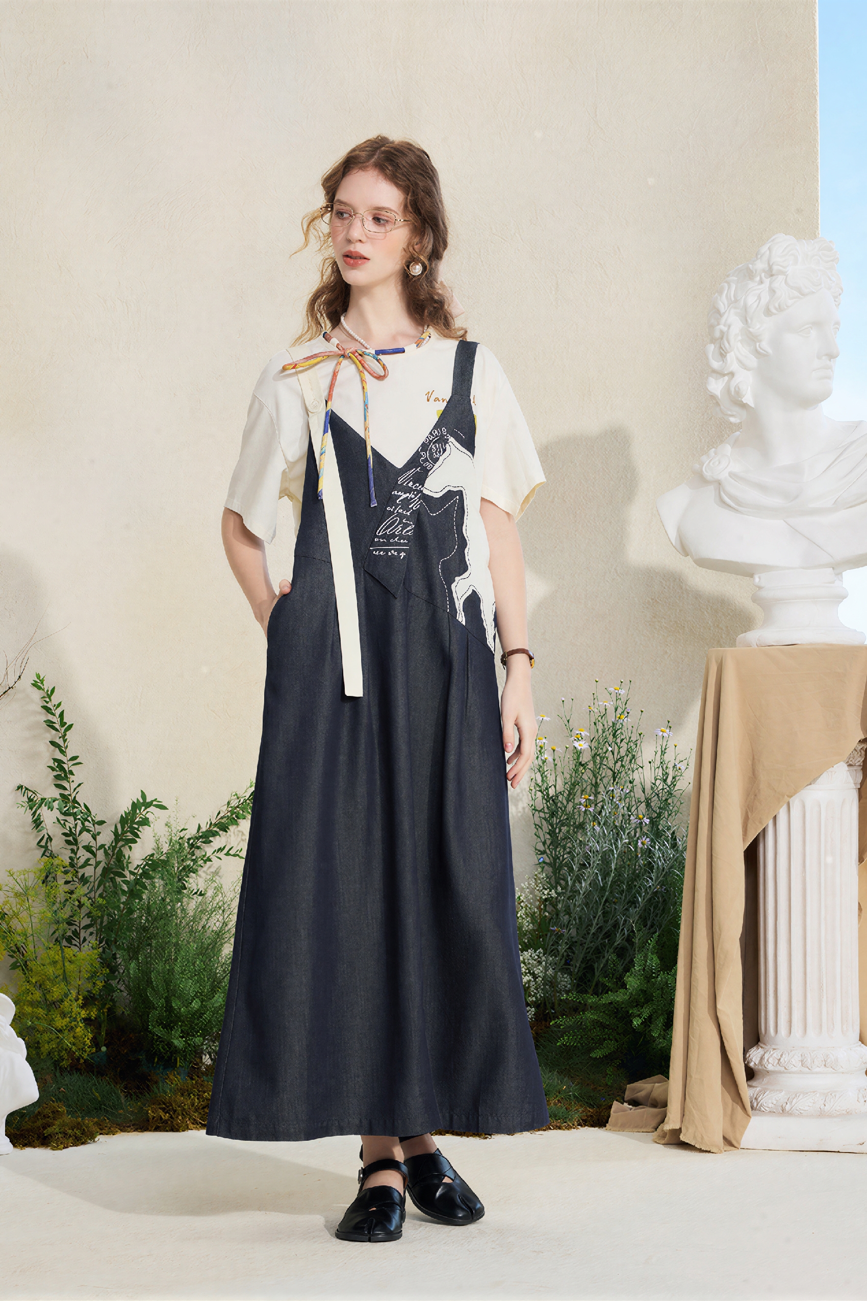 Printed French Casual Denim Overall Dress | LYONSENS Women's Fashion
