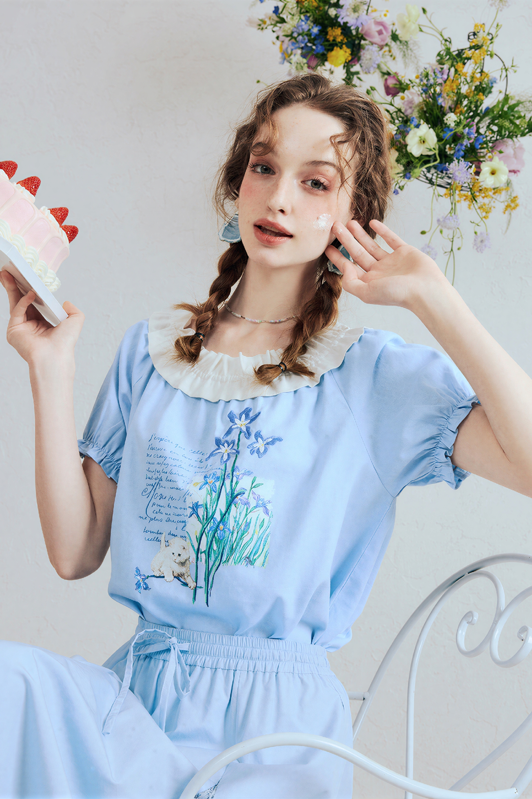 Printed Off-Shoulder Puff Sleeve T-Shirt