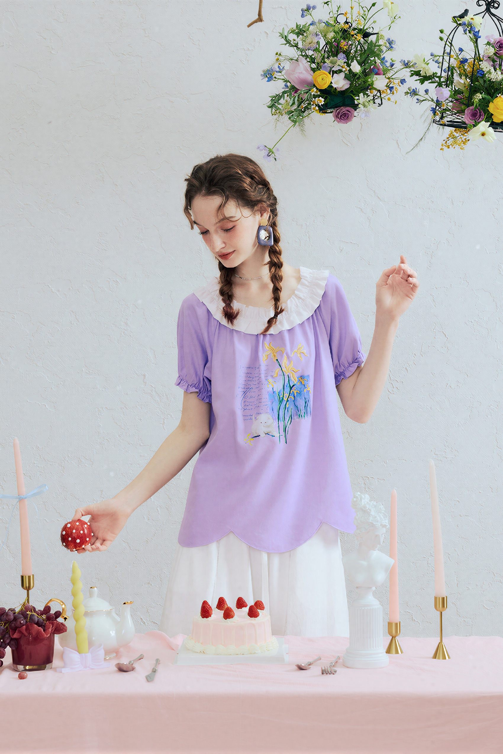 Printed Off-Shoulder Puff Sleeve T-Shirt