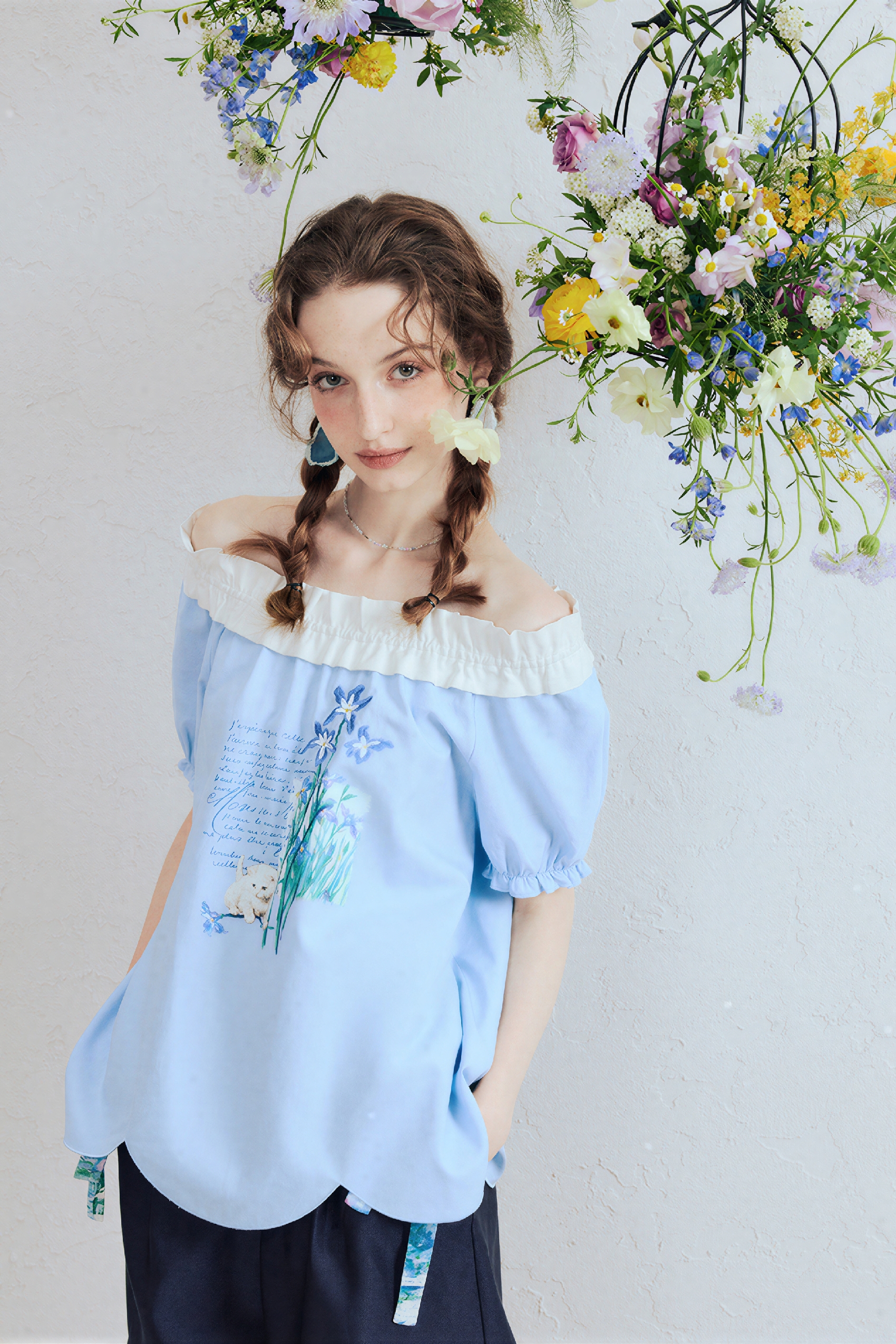 Printed Off-Shoulder Puff Sleeve T-Shirt