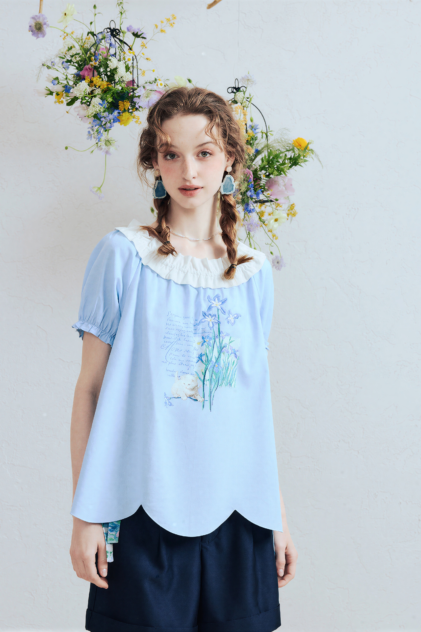 Printed Off-Shoulder Puff Sleeve T-Shirt