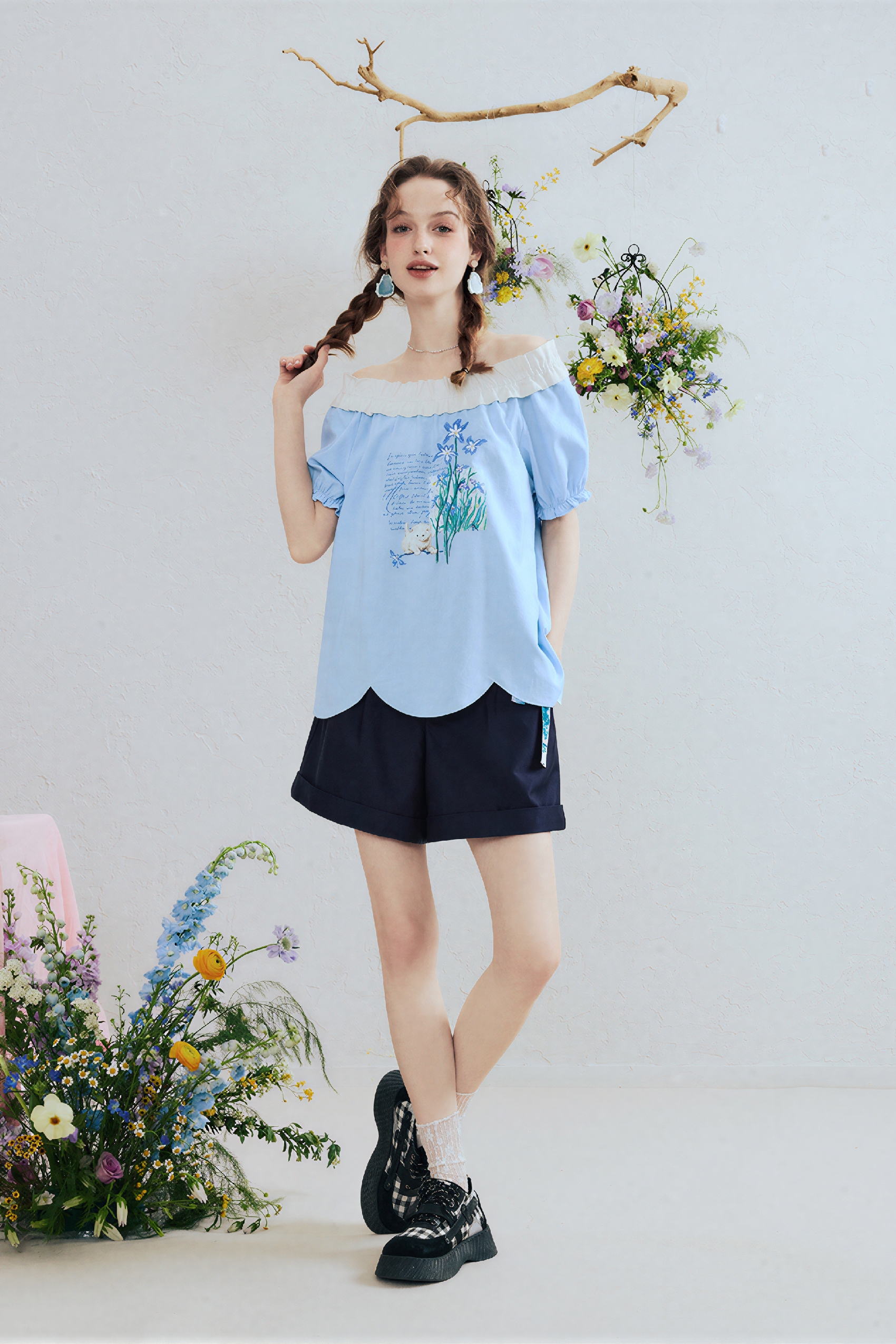 Printed Off-Shoulder Puff Sleeve T-Shirt