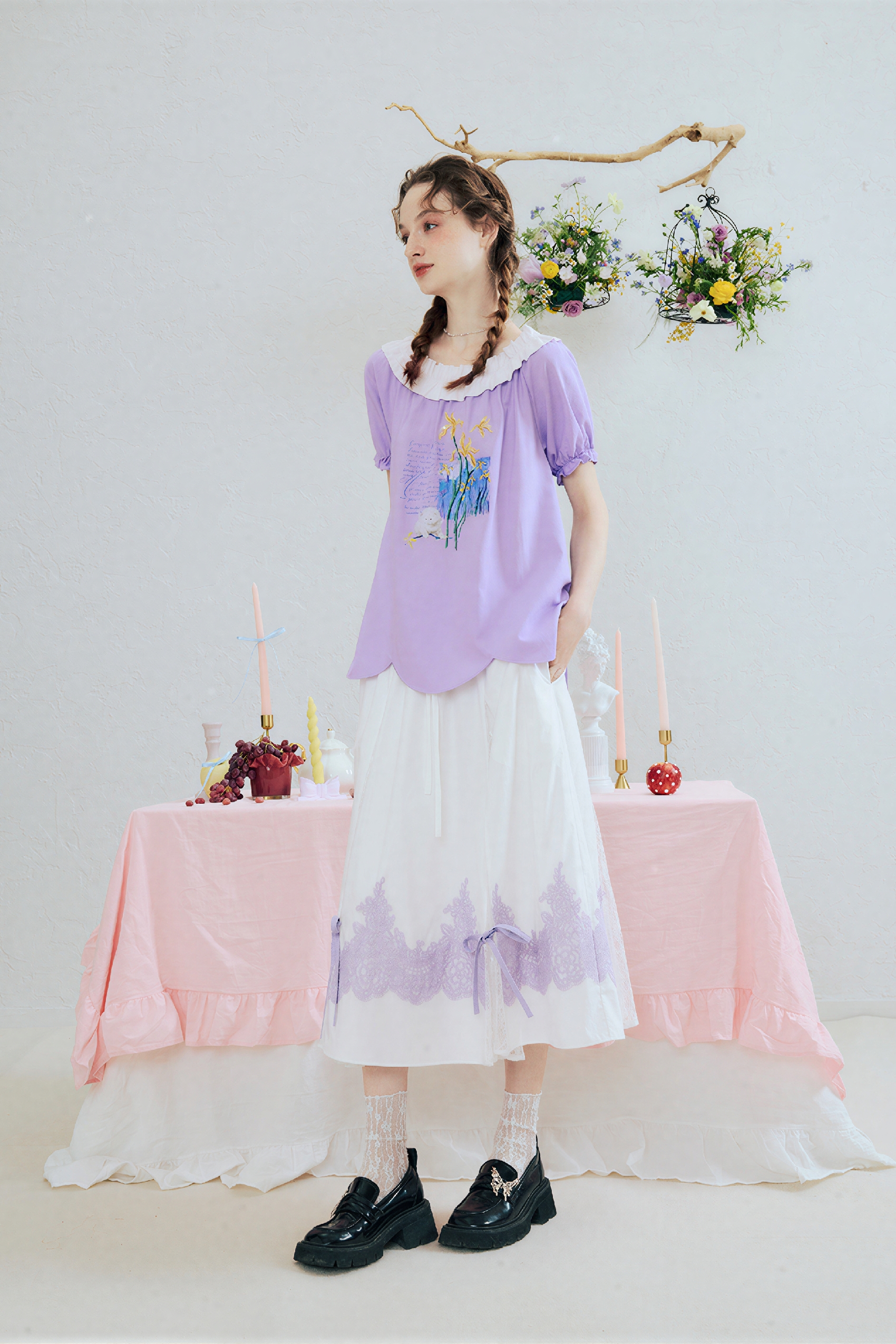 Printed Off-Shoulder Puff Sleeve T-Shirt