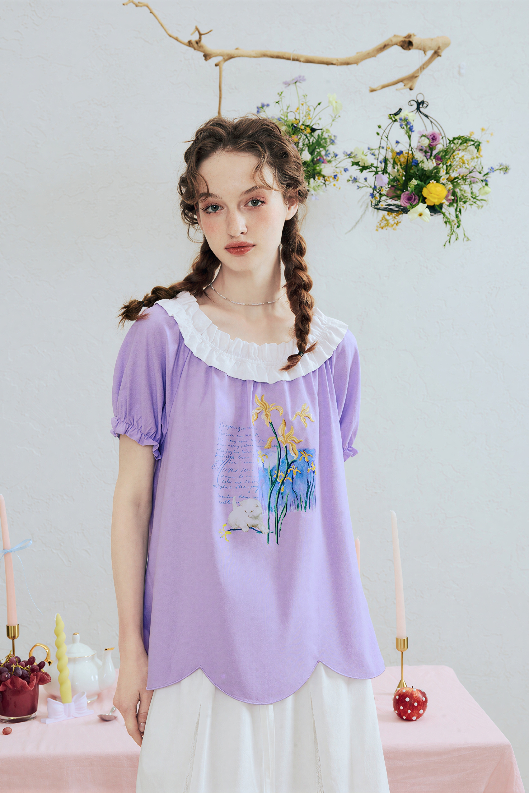 Printed Off-Shoulder Puff Sleeve T-Shirt