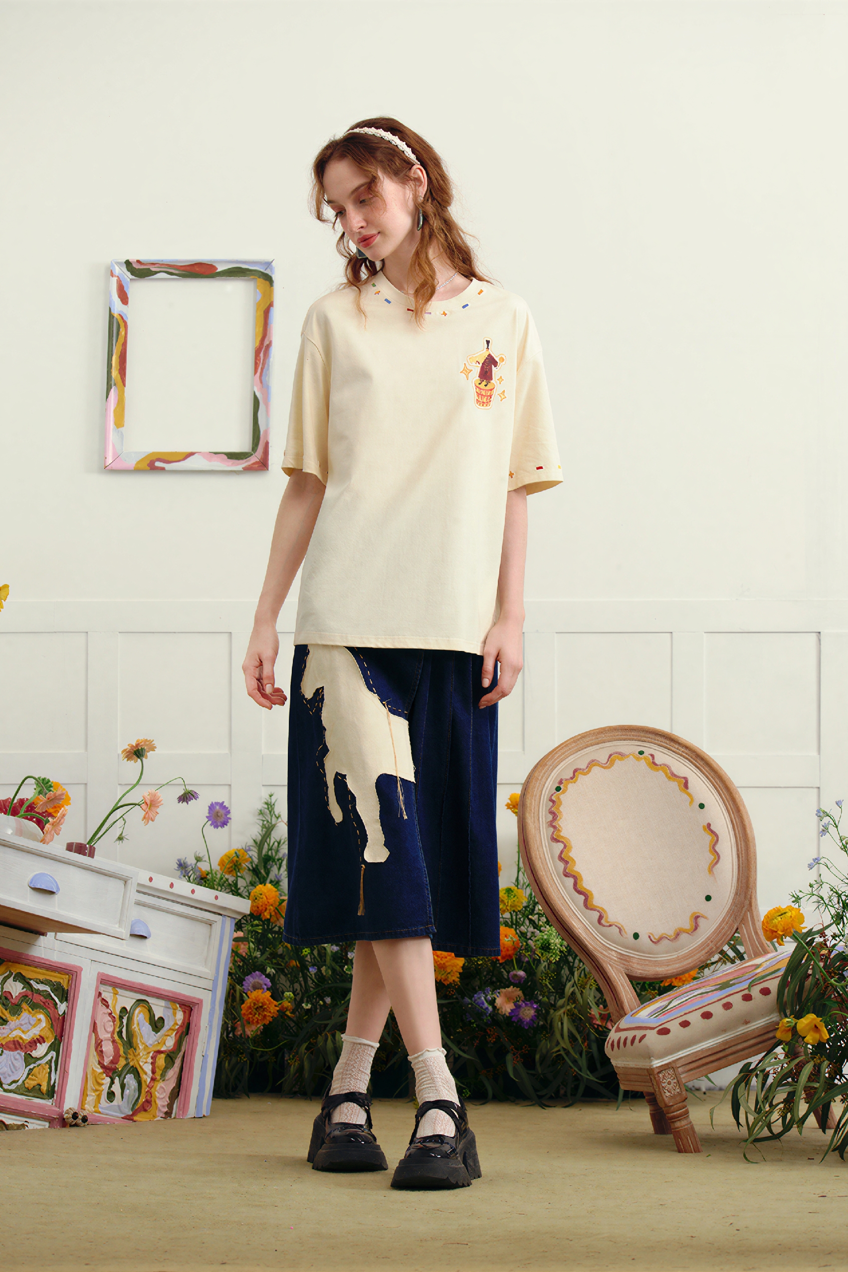 Cute Embroidered Cotton Relaxed T-Shirt