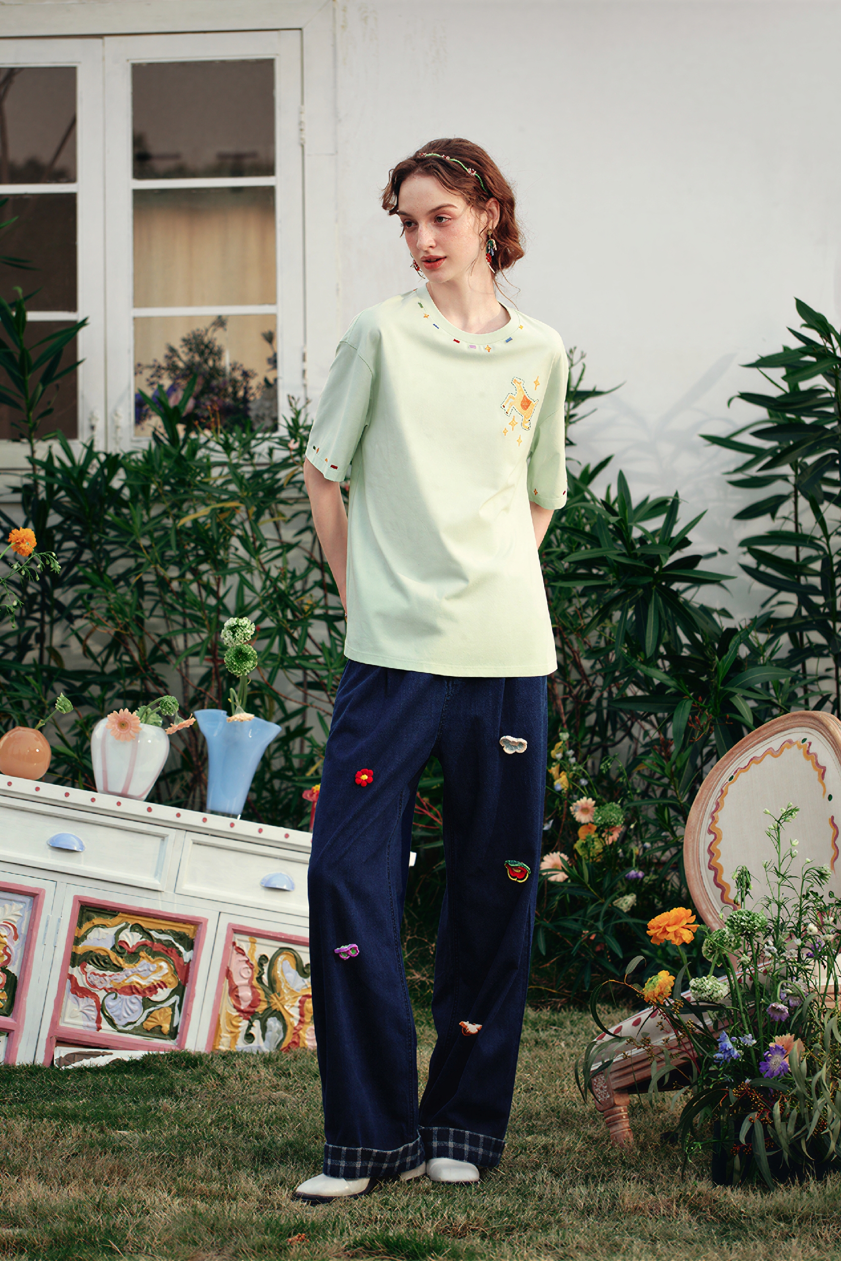 Cute Embroidered Cotton Relaxed T-Shirt