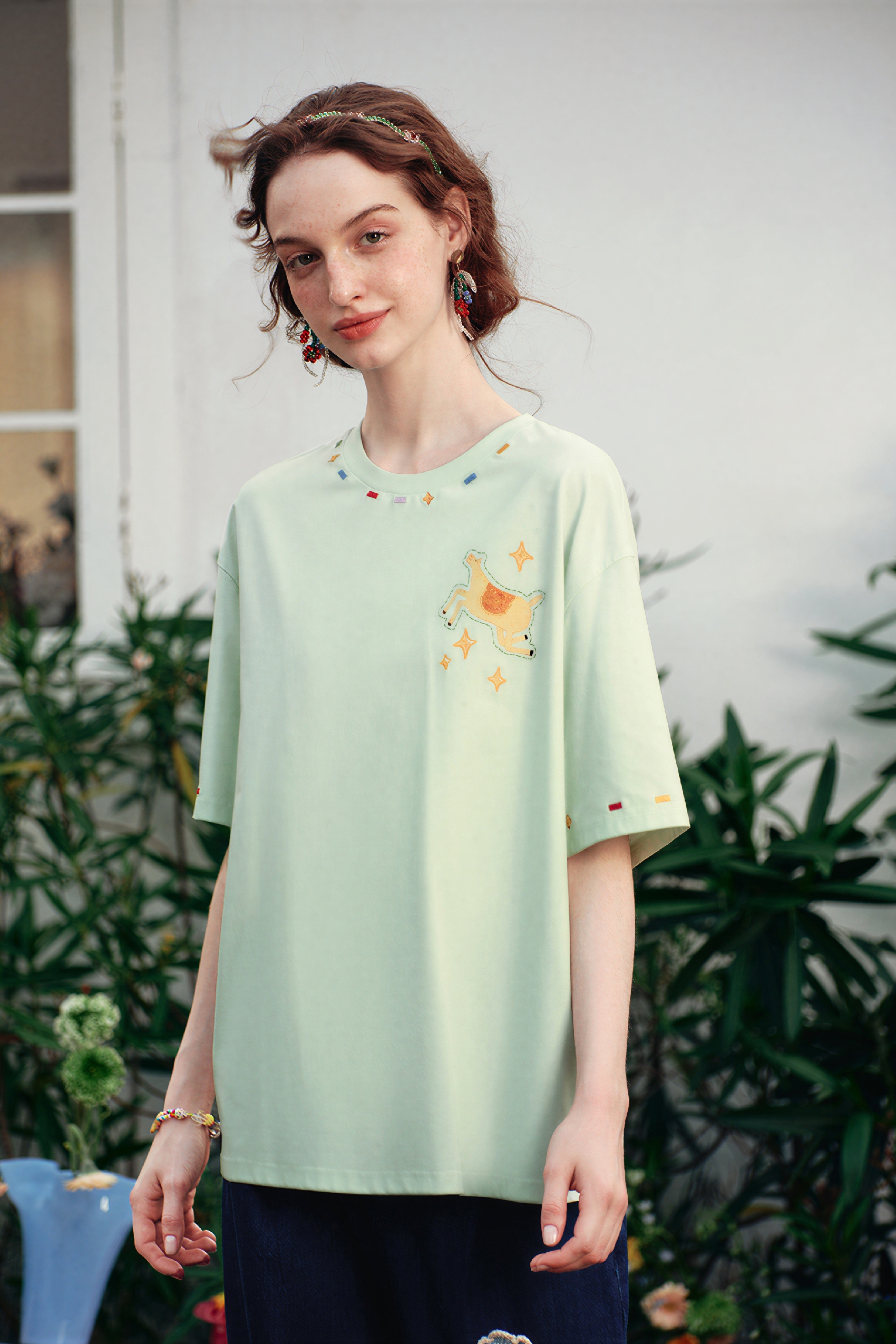 Cute Embroidered Cotton Relaxed T-Shirt