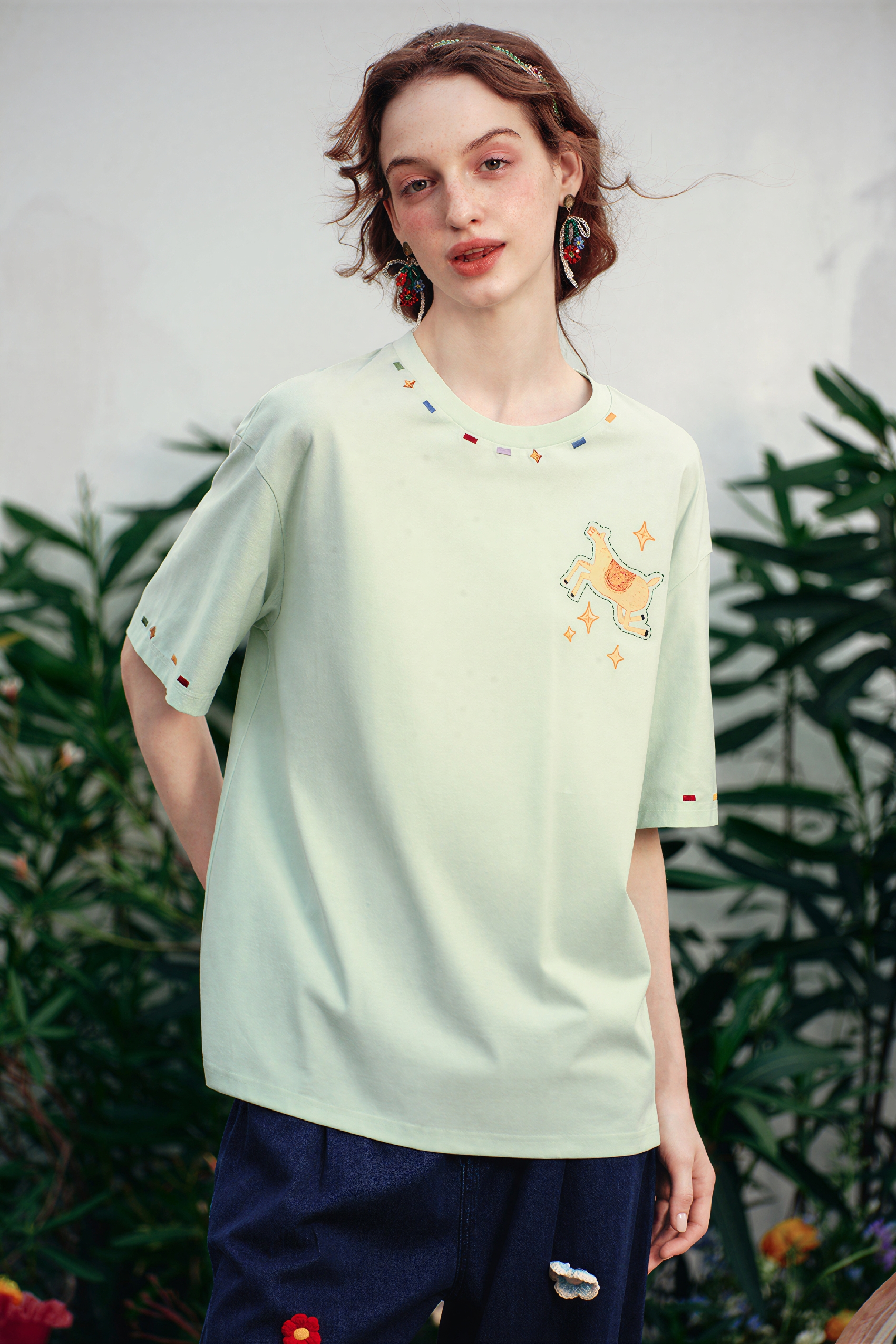 Cute Embroidered Cotton Relaxed T-Shirt