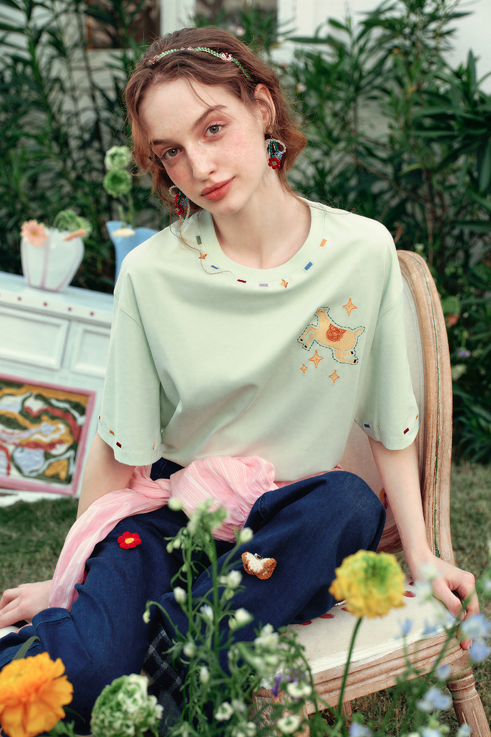 Cute Embroidered Cotton Relaxed T-Shirt