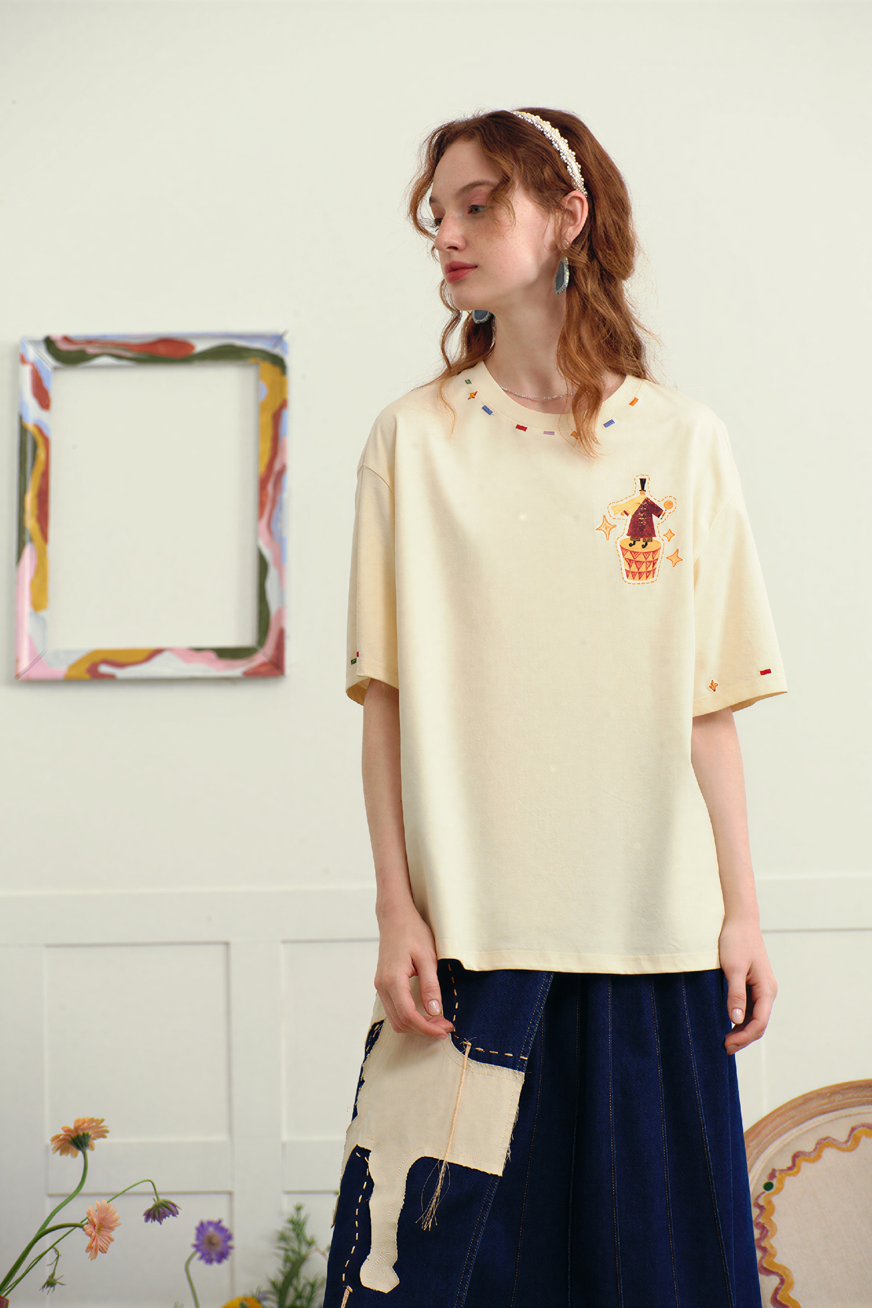 Cute Embroidered Cotton Relaxed T-Shirt