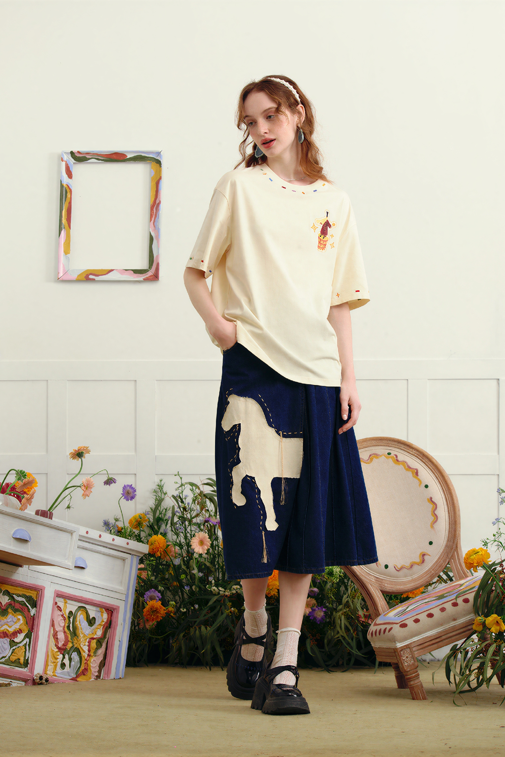 Cute Embroidered Cotton Relaxed T-Shirt