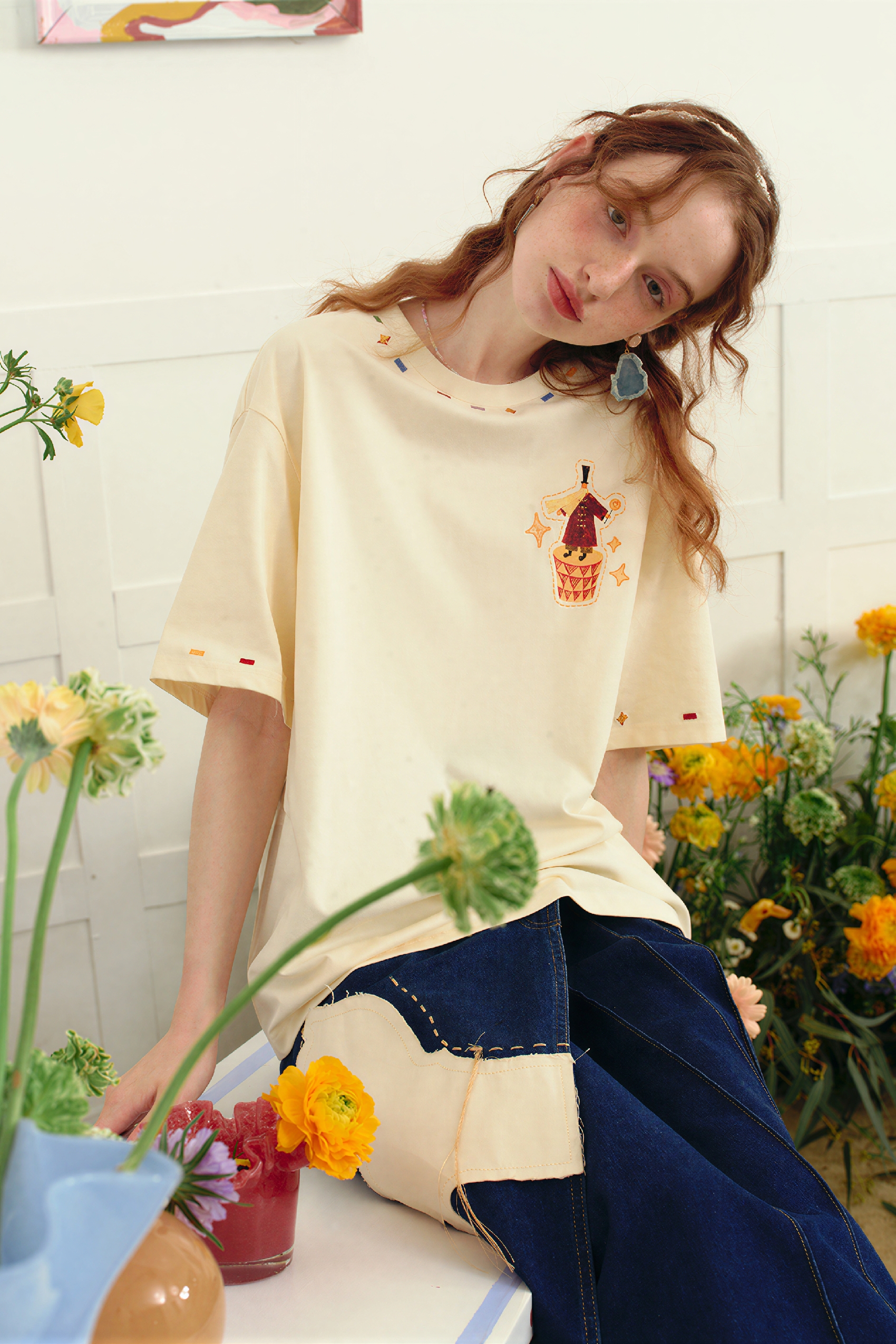 Cute Embroidered Cotton Relaxed T-Shirt