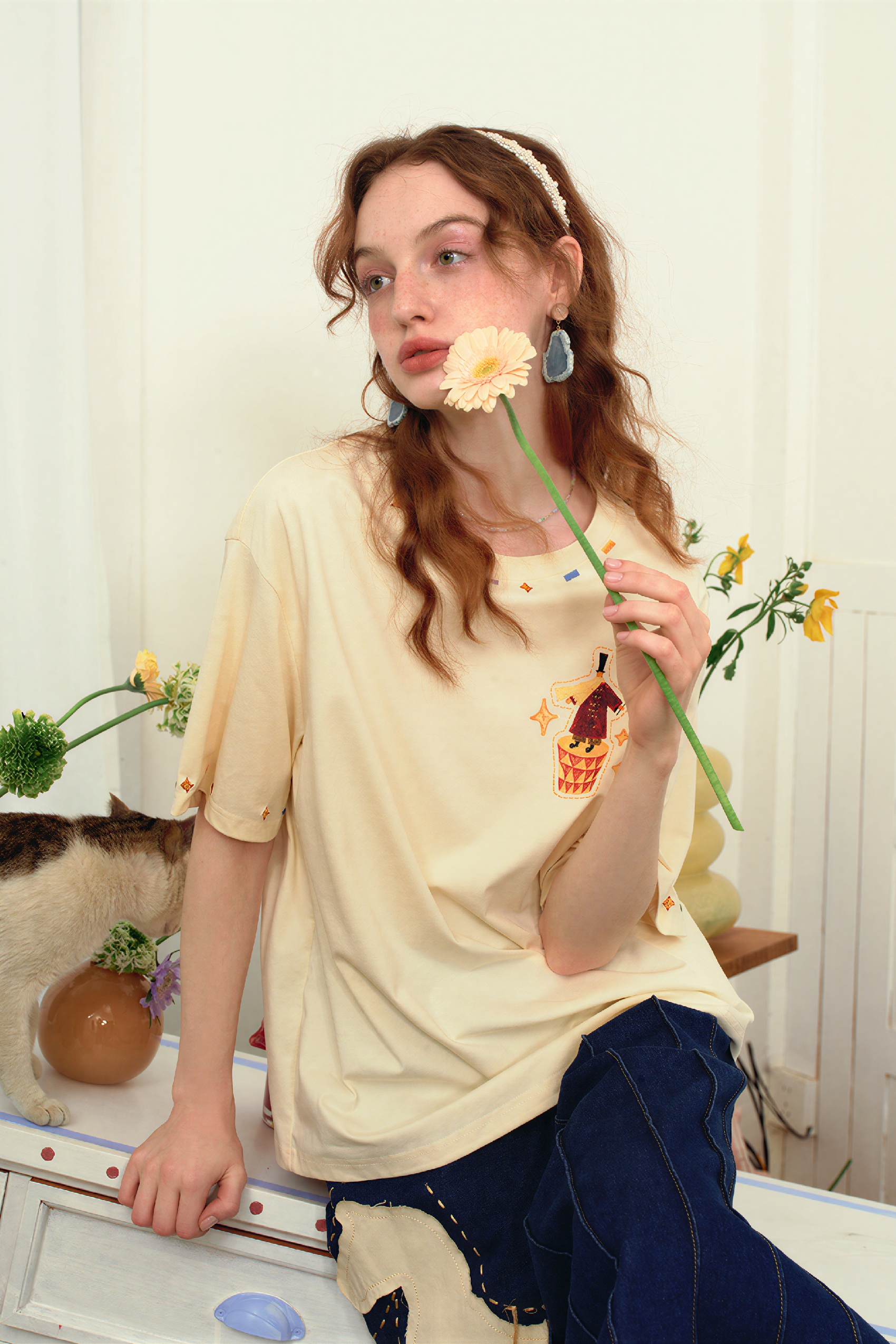 Cute Embroidered Cotton Relaxed T-Shirt