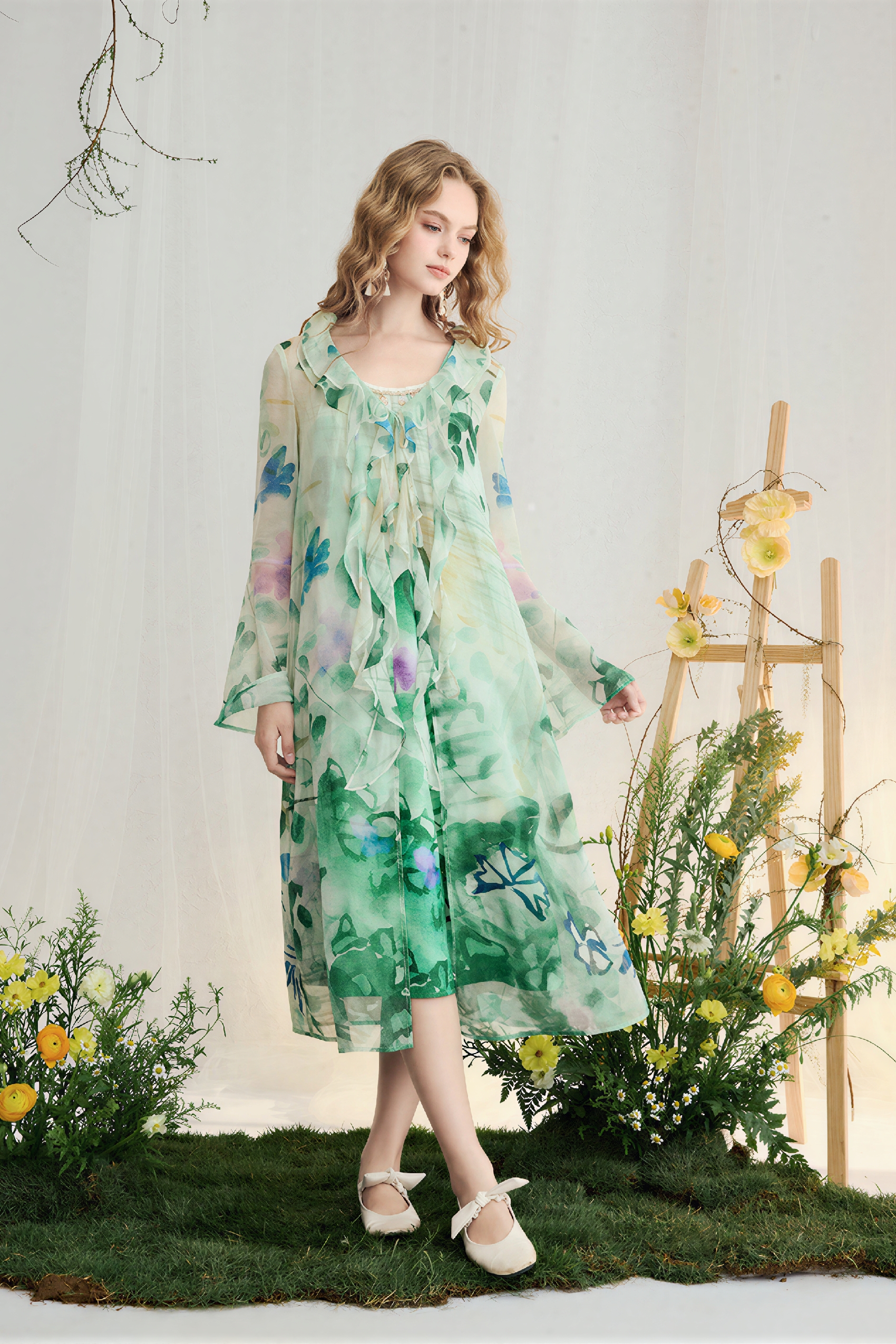 Printed Strappy Dress & Ruffle Cardigan Set