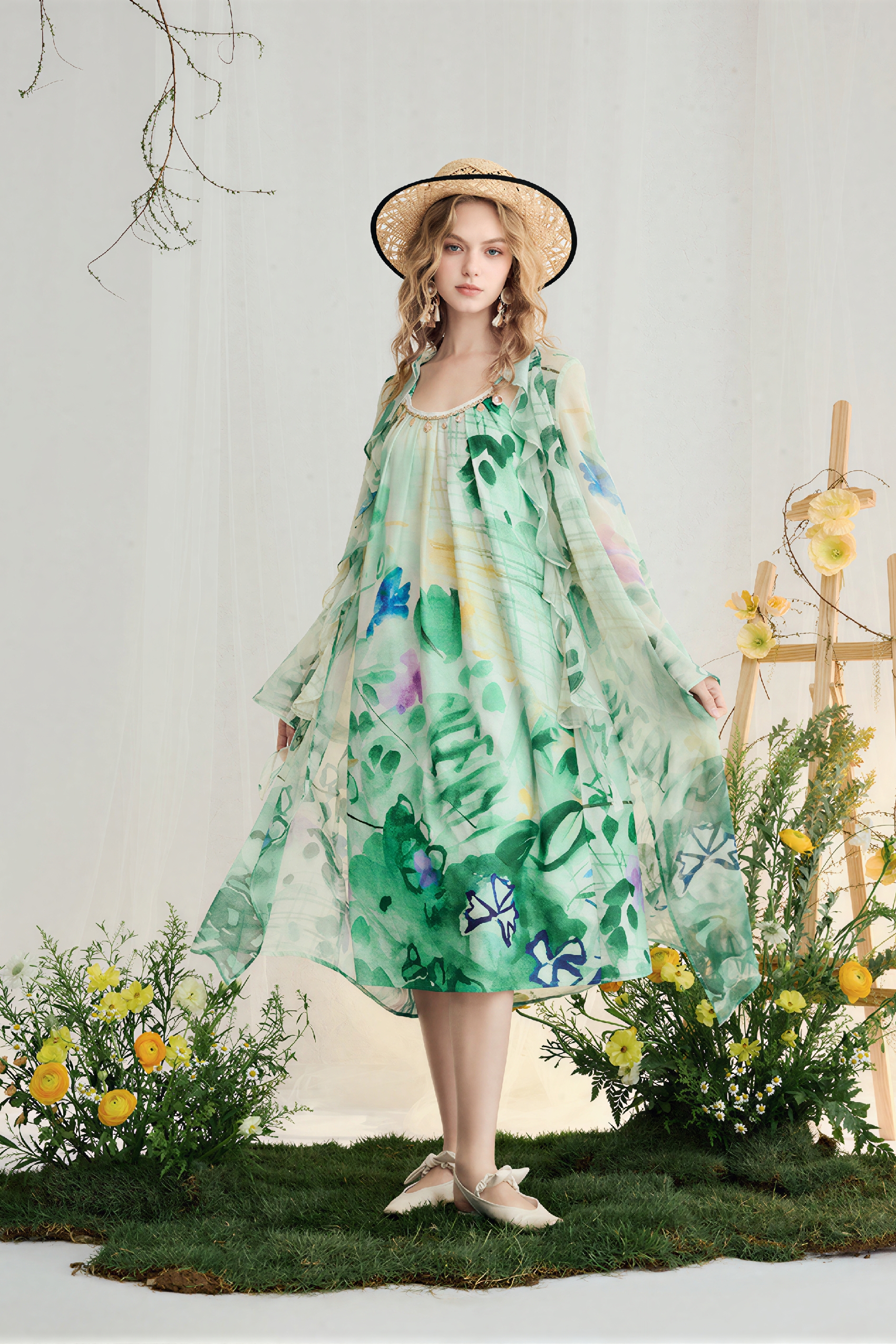 Printed Strappy Dress & Ruffle Cardigan Set