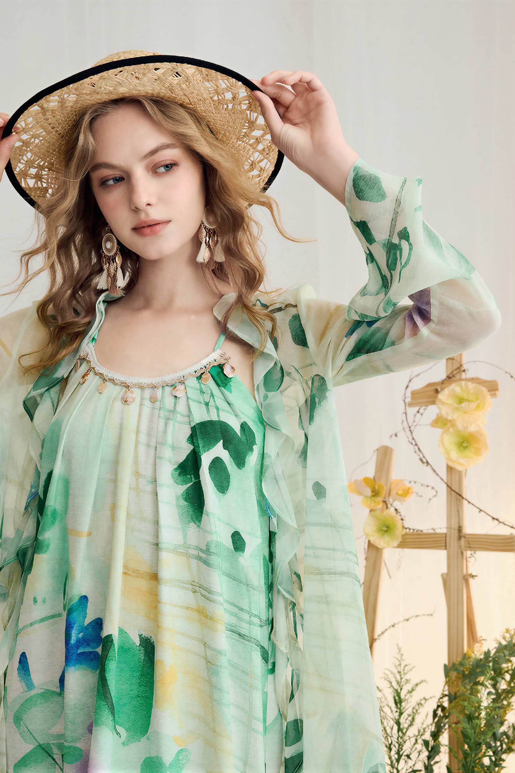 Printed Strappy Dress & Ruffle Cardigan Set