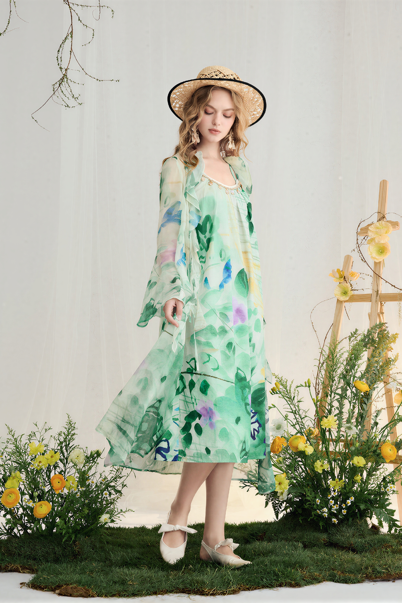 Printed Strappy Dress & Ruffle Cardigan Set