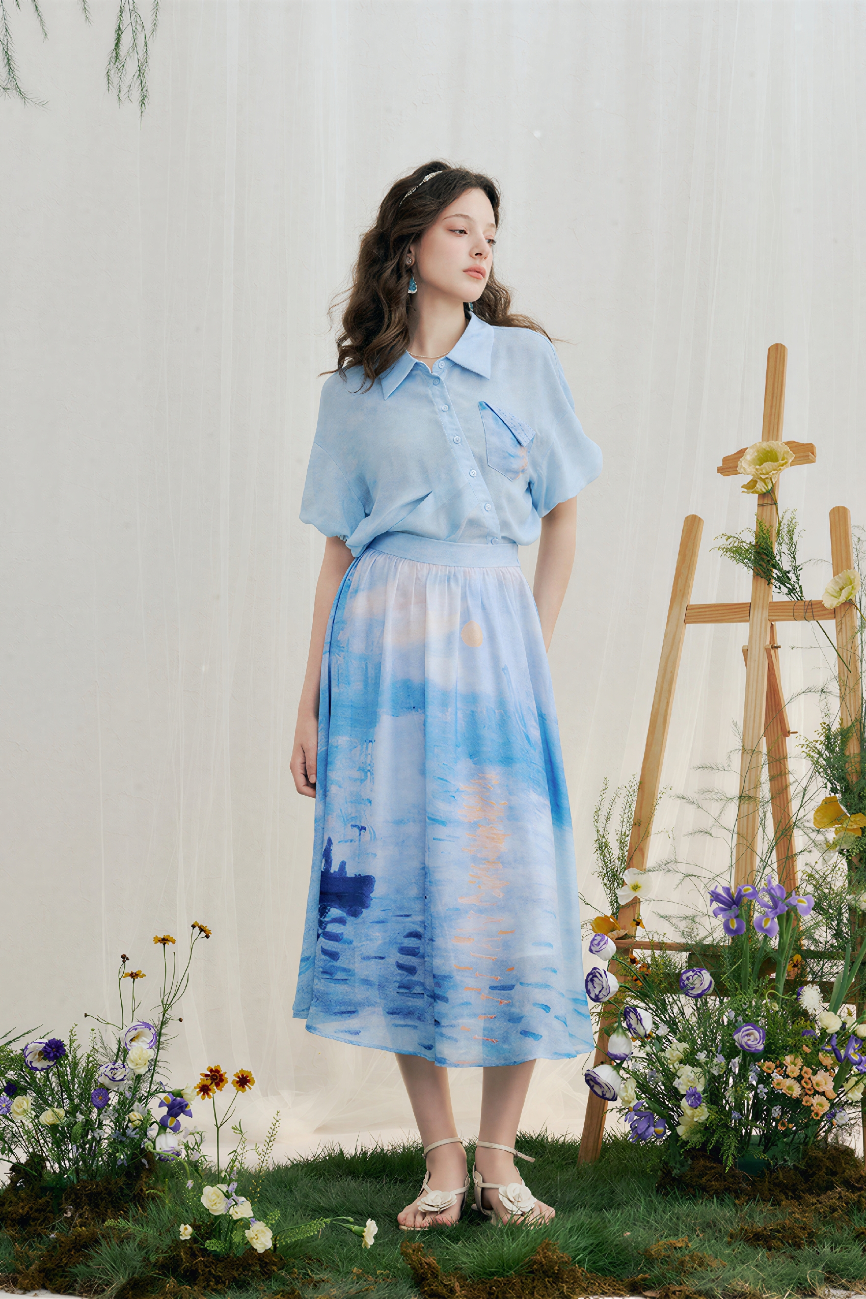 Light Blue Printed Top & Skirt Two-Piece Set