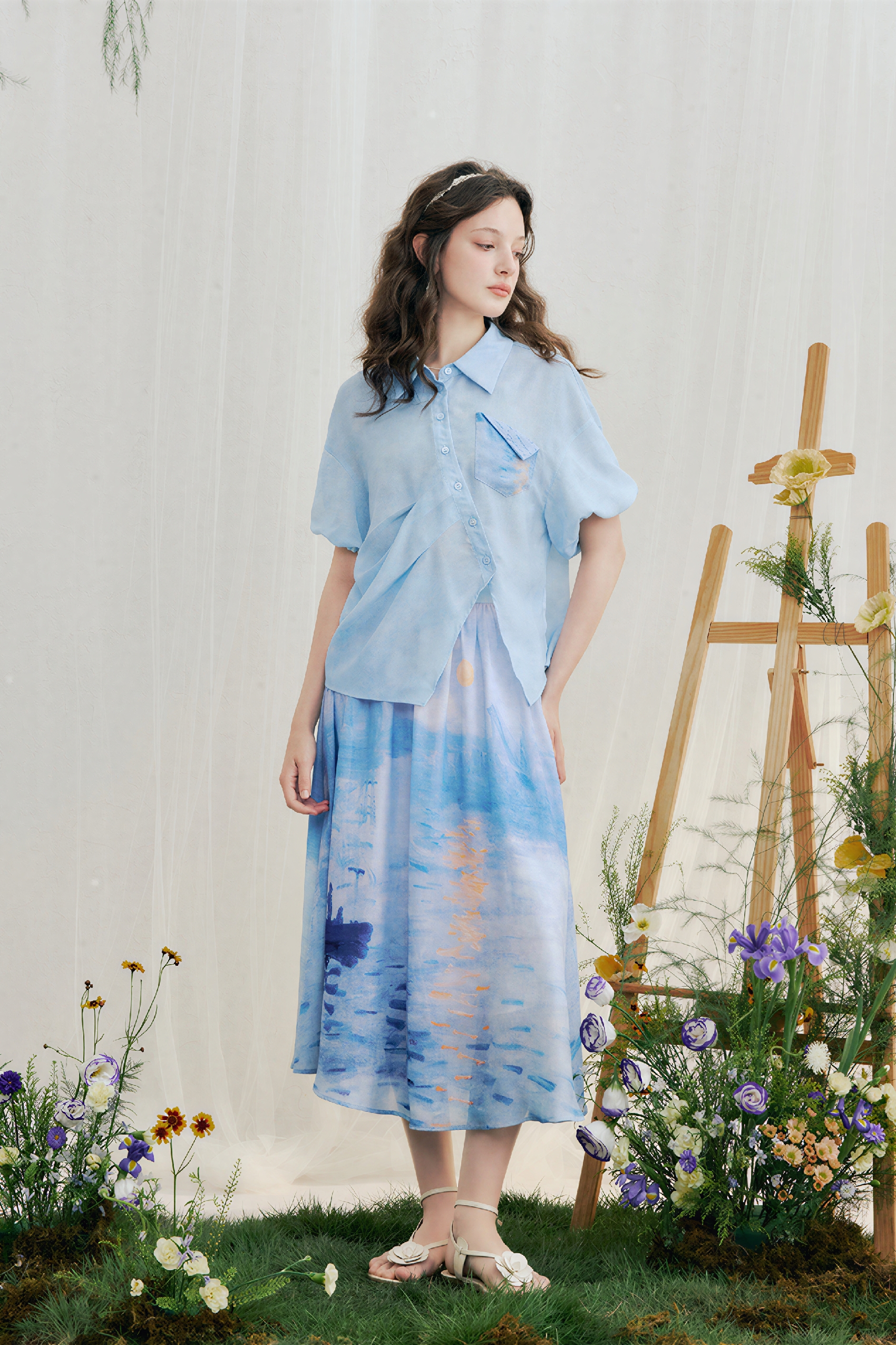 Light Blue Printed Top & Skirt Two-Piece Set