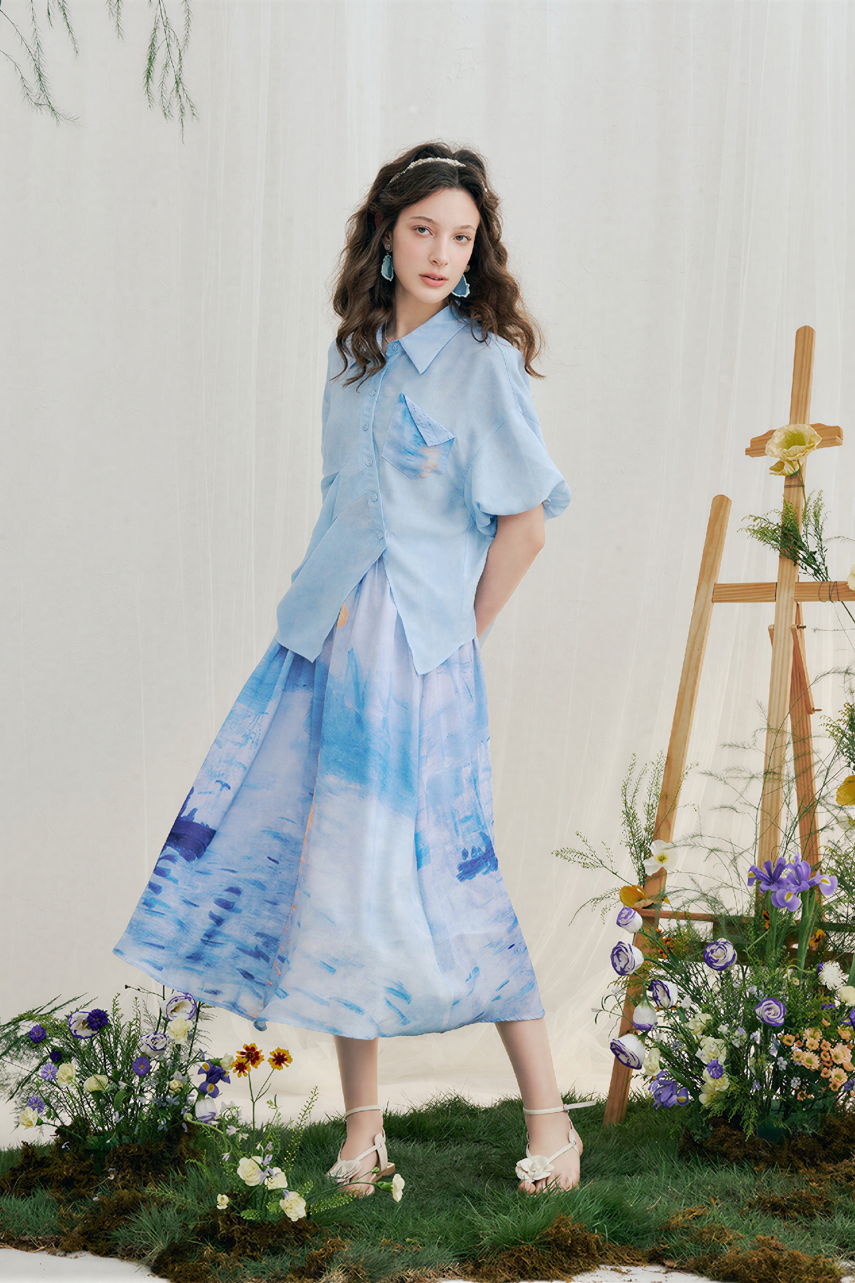 Light Blue Printed Top & Skirt Two-Piece Set