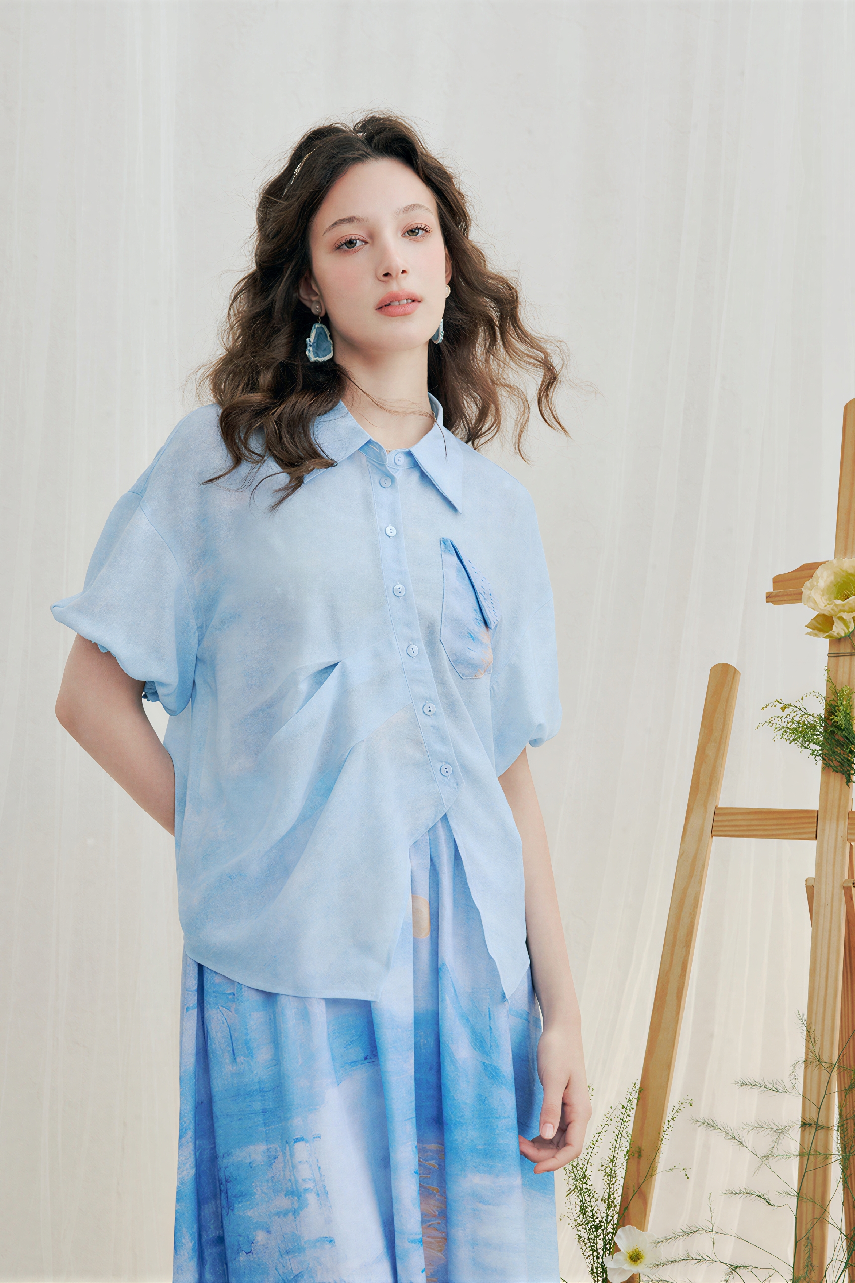 Light Blue Printed Top & Skirt Two-Piece Set