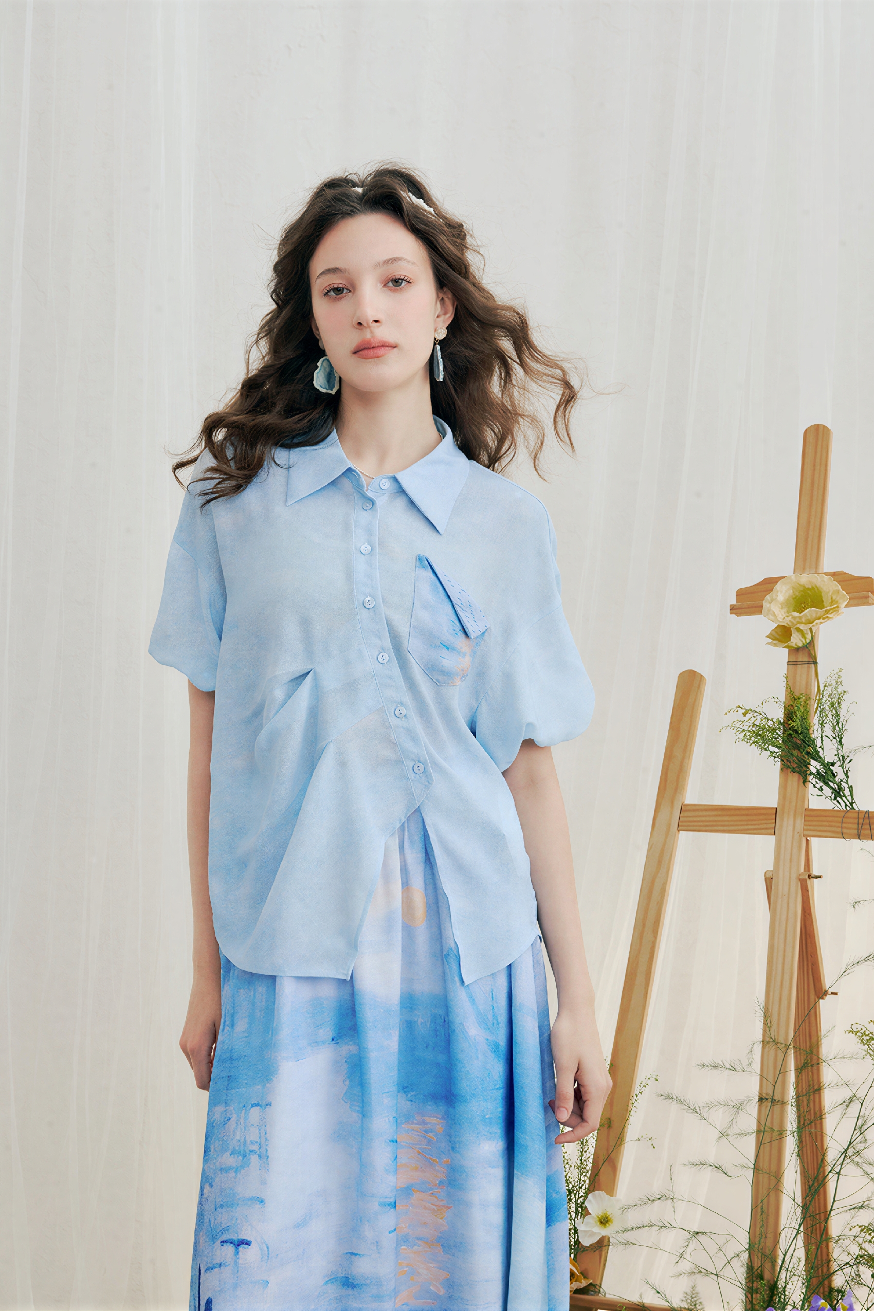 Light Blue Printed Top & Skirt Two-Piece Set