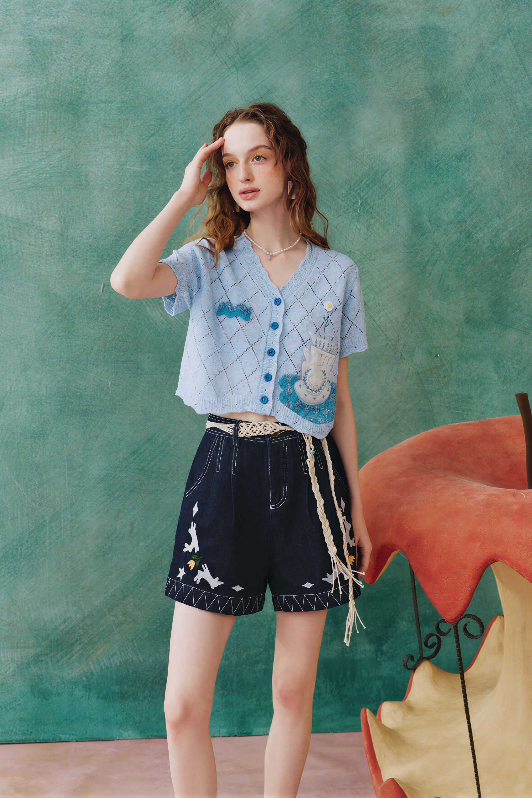 Blue V-Neck Short Knit Cardigan Tee