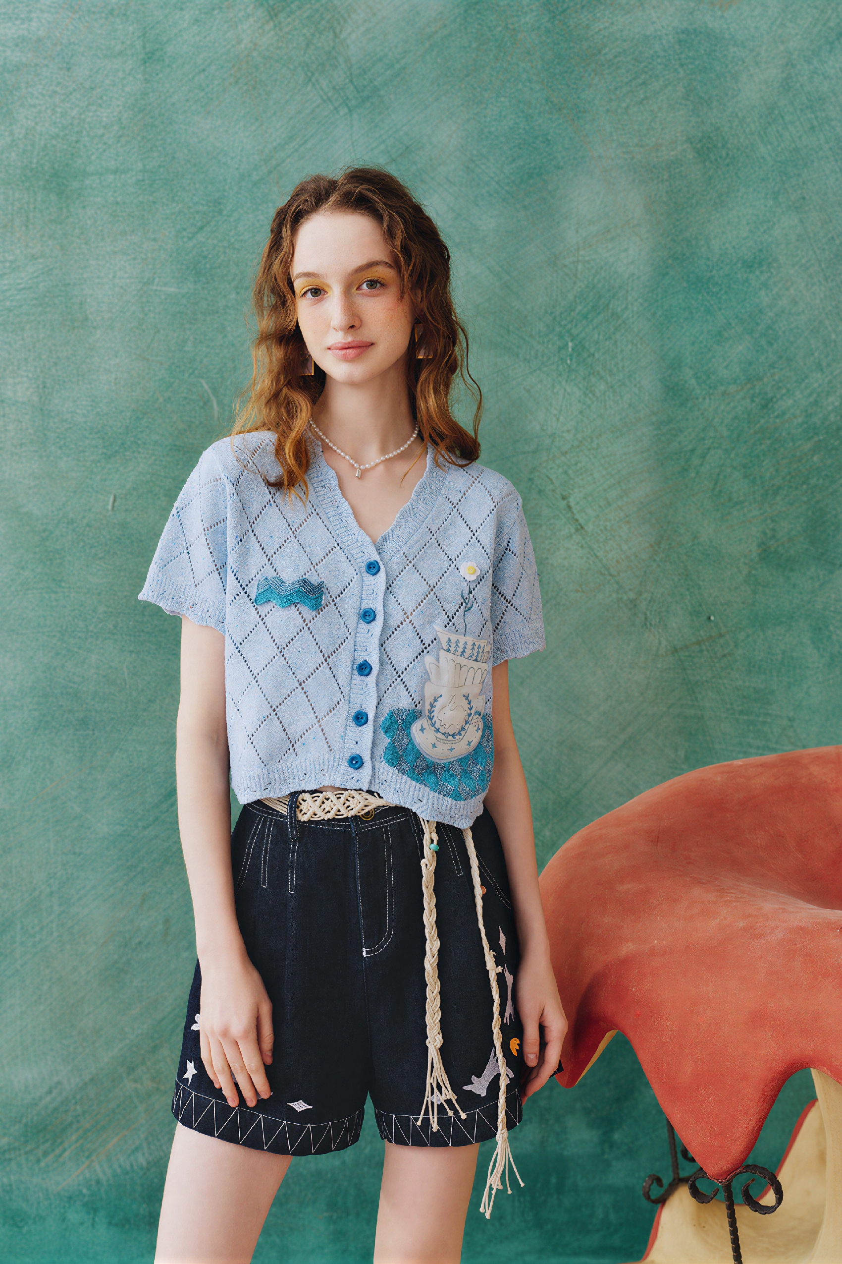 Blue V-Neck Short Knit Cardigan Tee