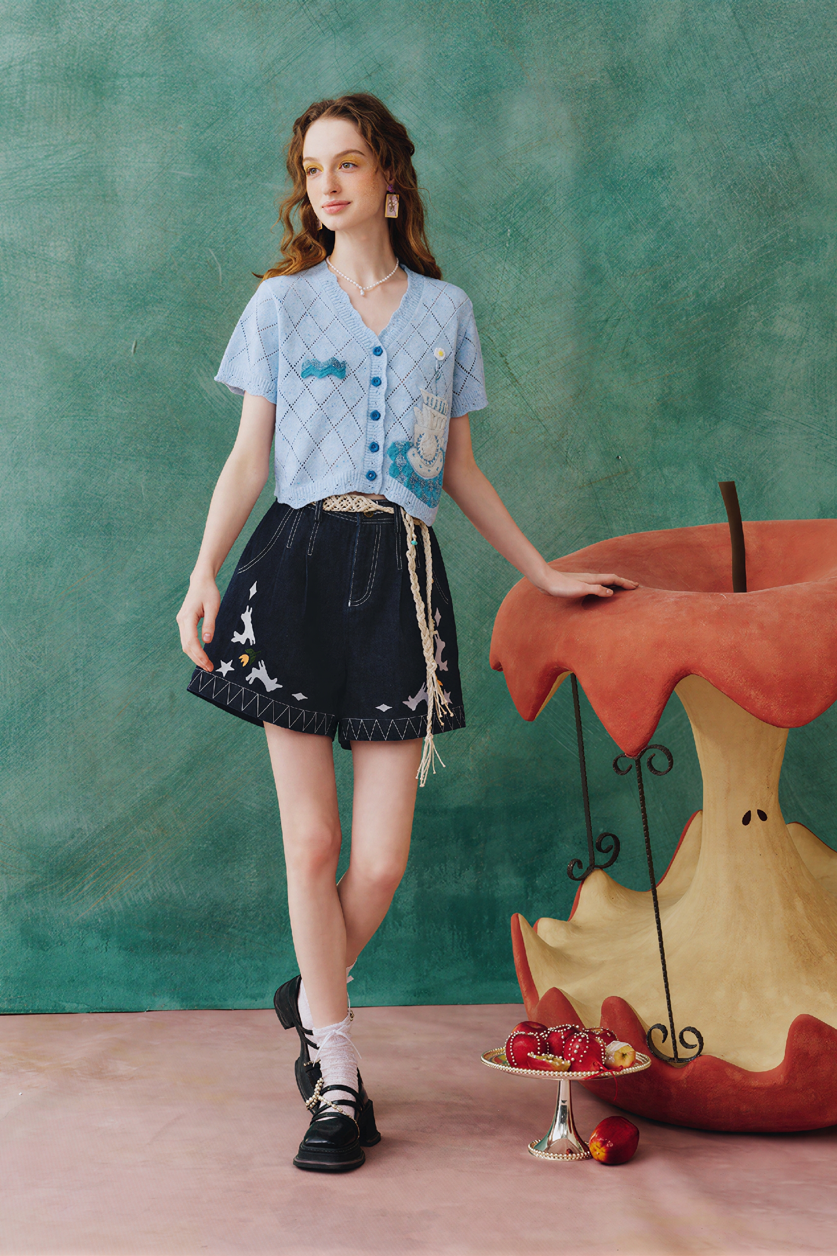 Blue V-Neck Short Knit Cardigan Tee