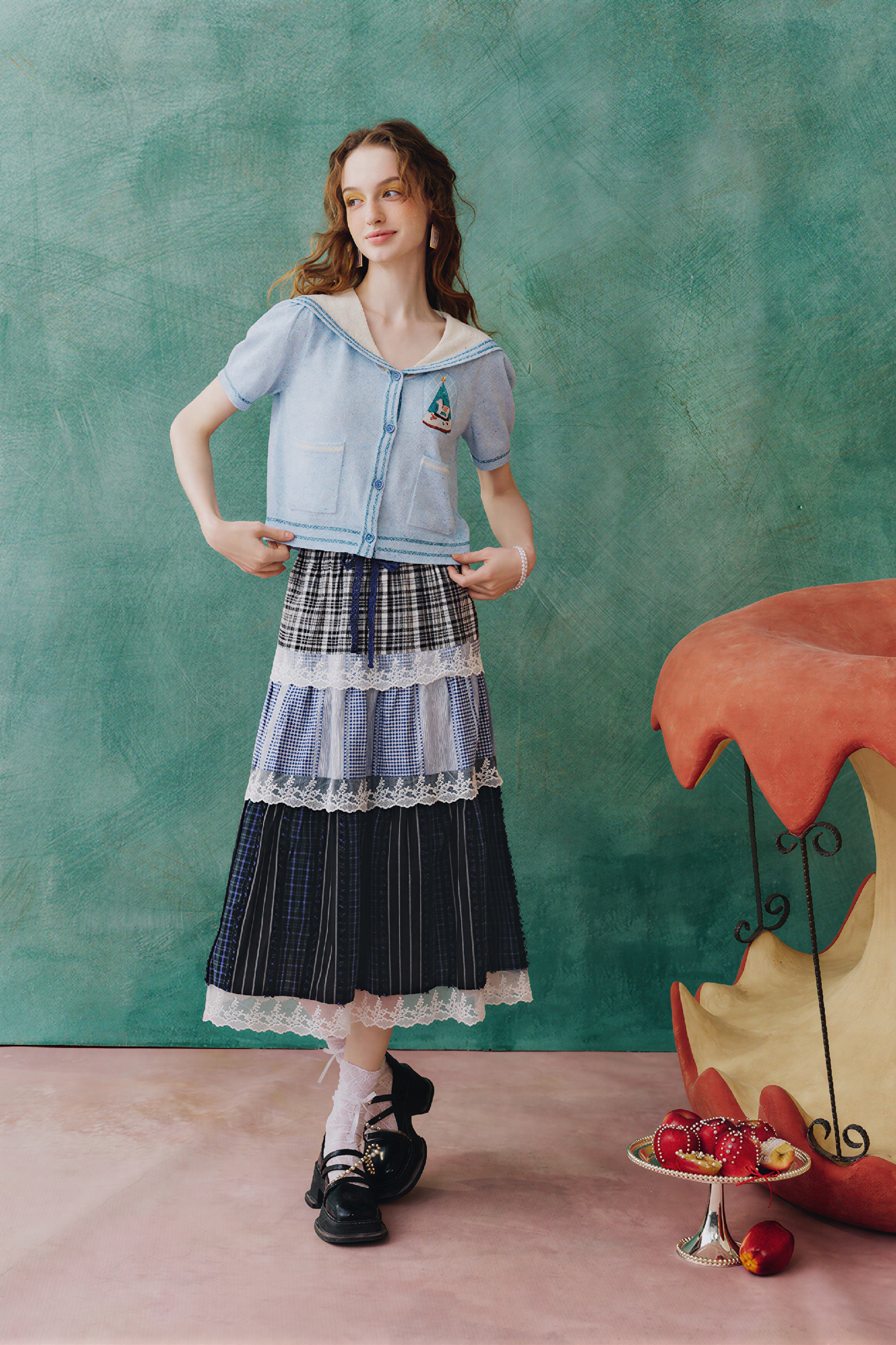 Color-Block Sailor Collar Knit Cardigan