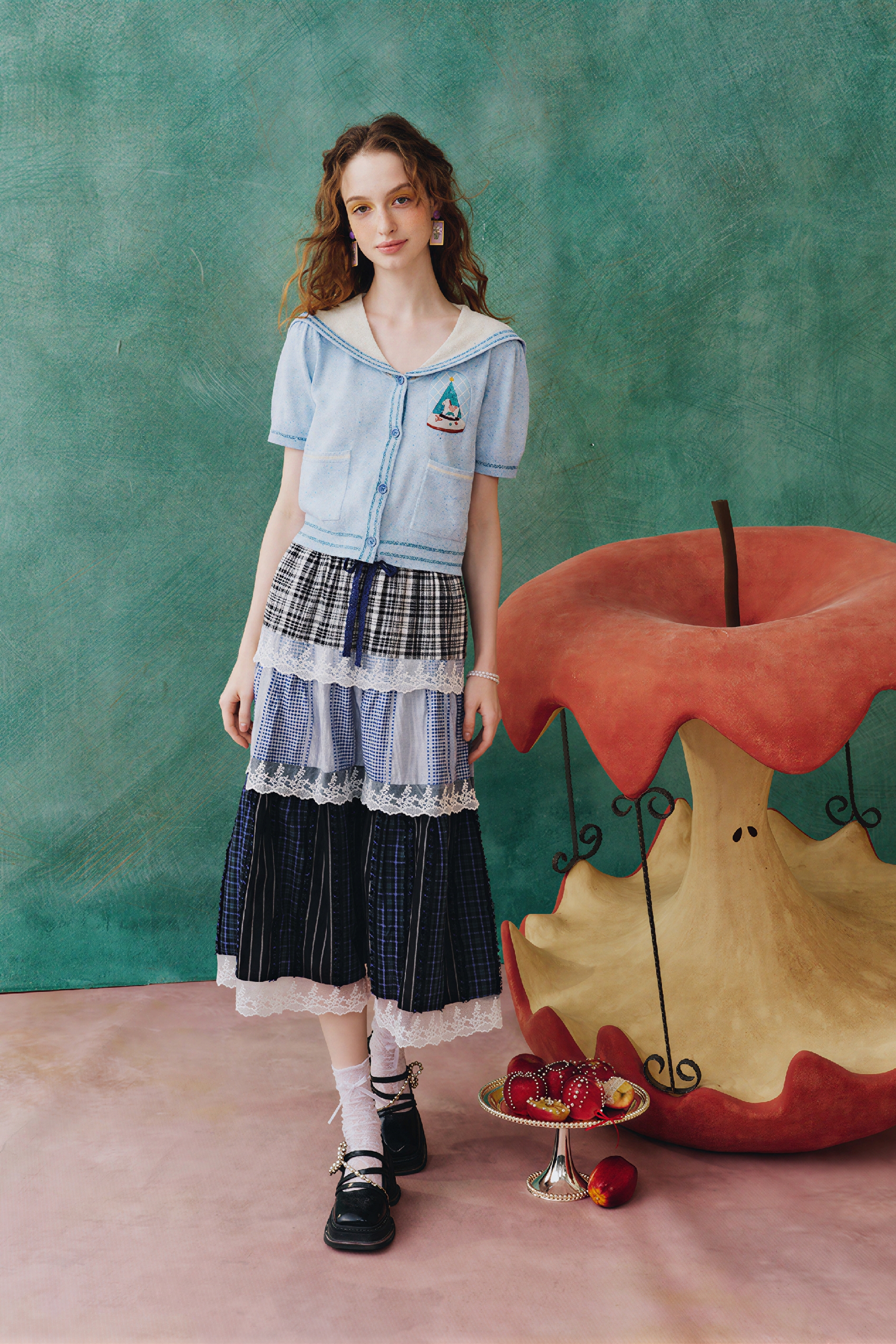 Color-Block Sailor Collar Knit Cardigan