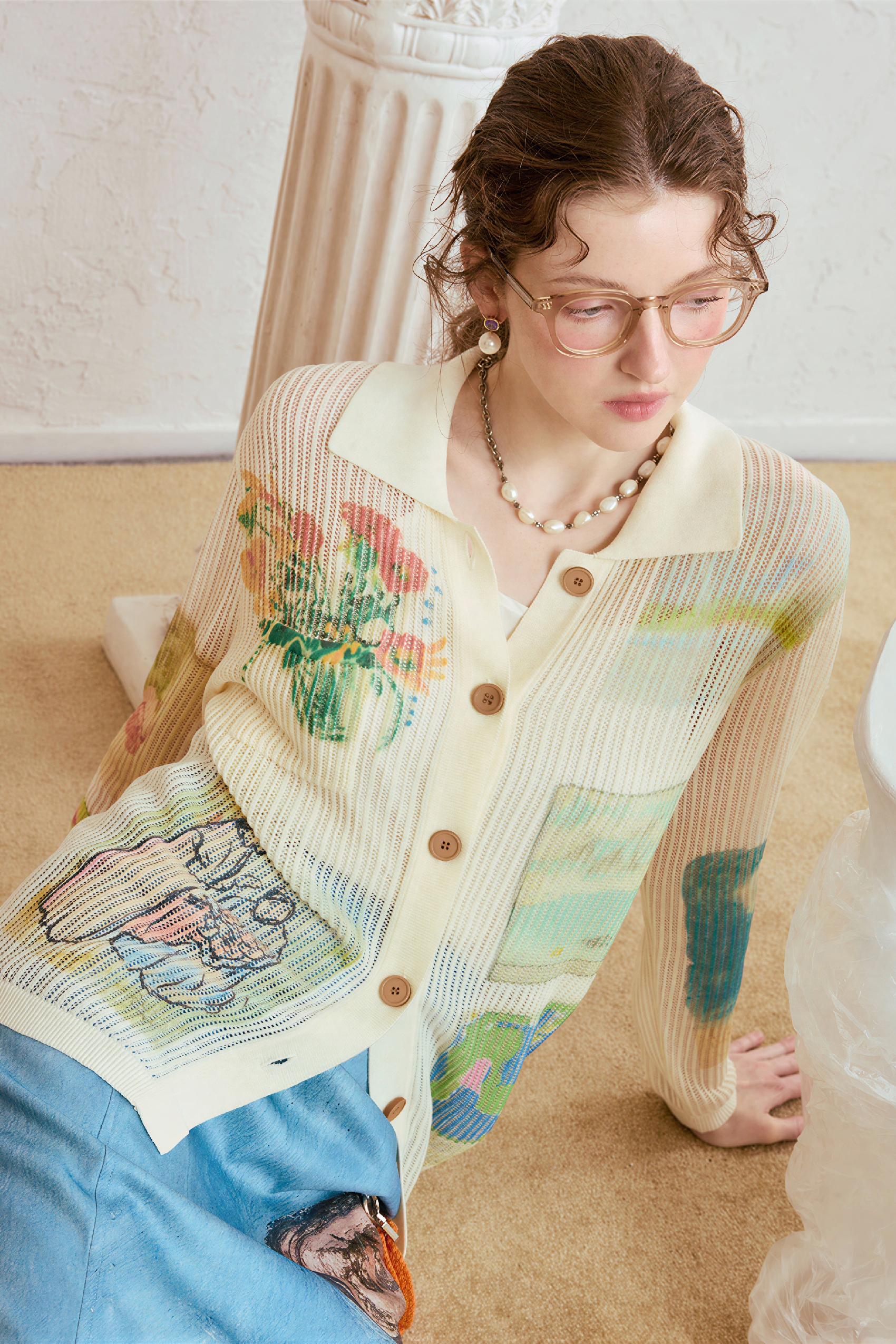Vintage Printed Open-Knit Cardigan