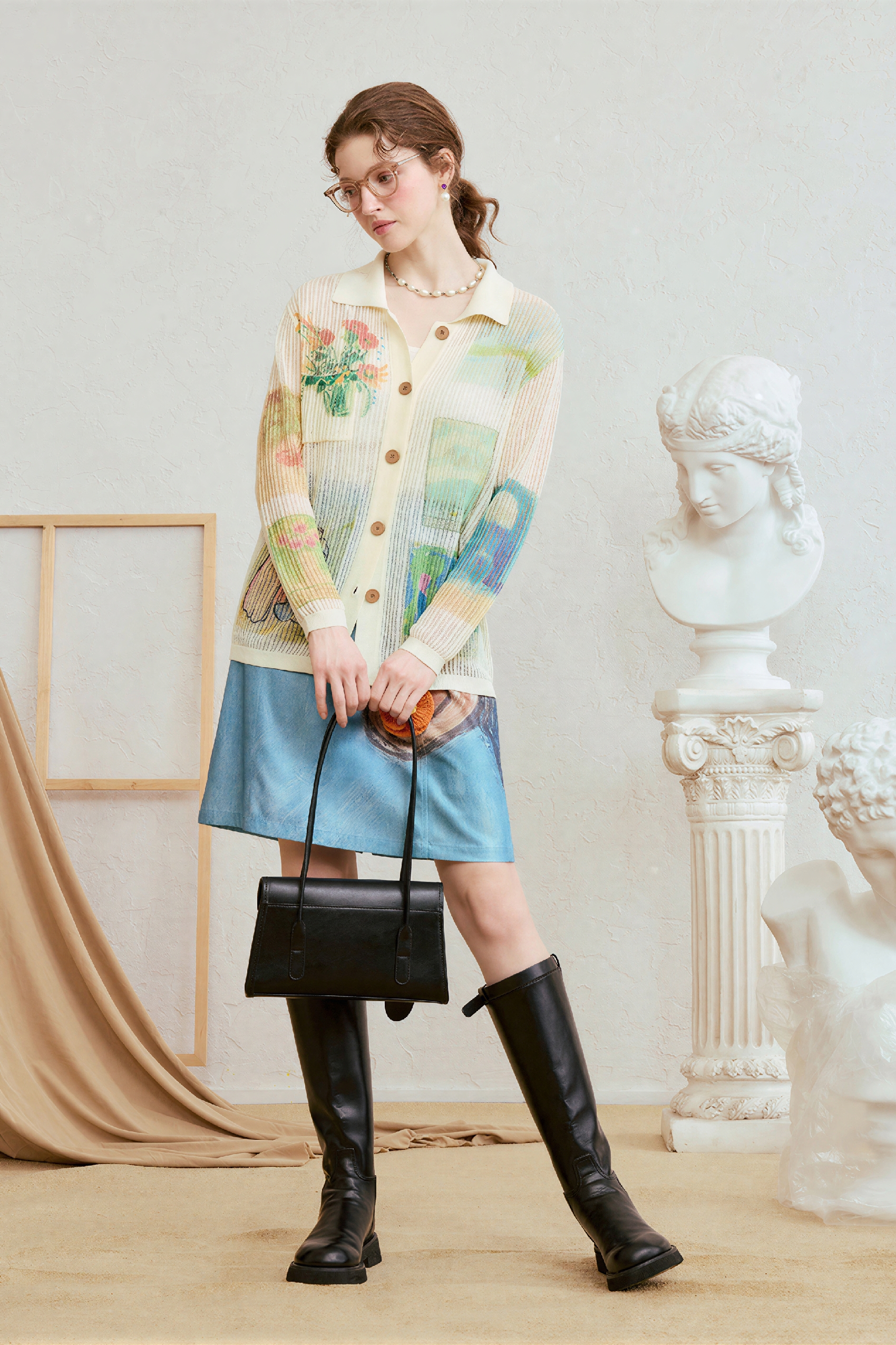 Vintage Printed Open-Knit Cardigan