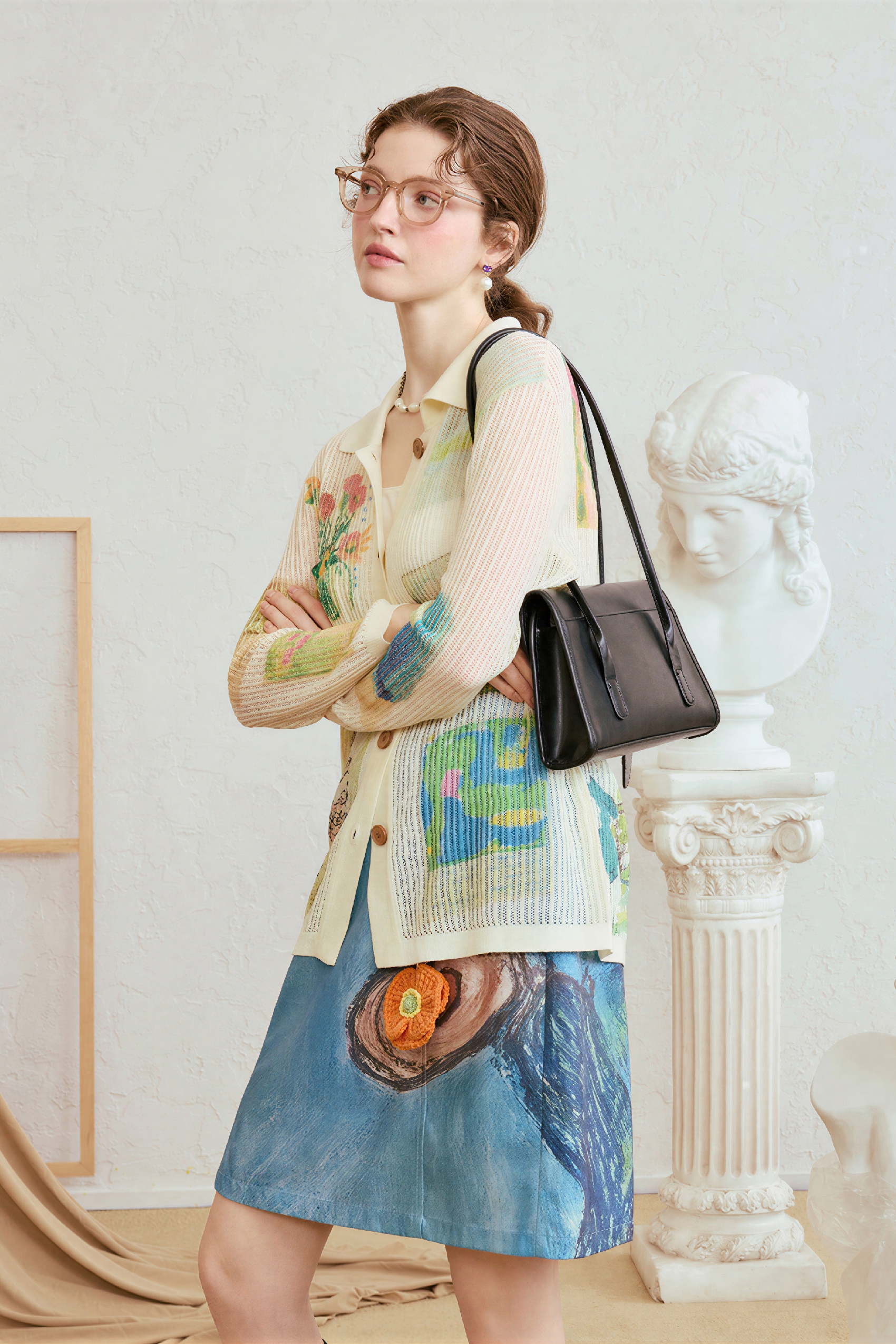 Vintage Printed Open-Knit Cardigan