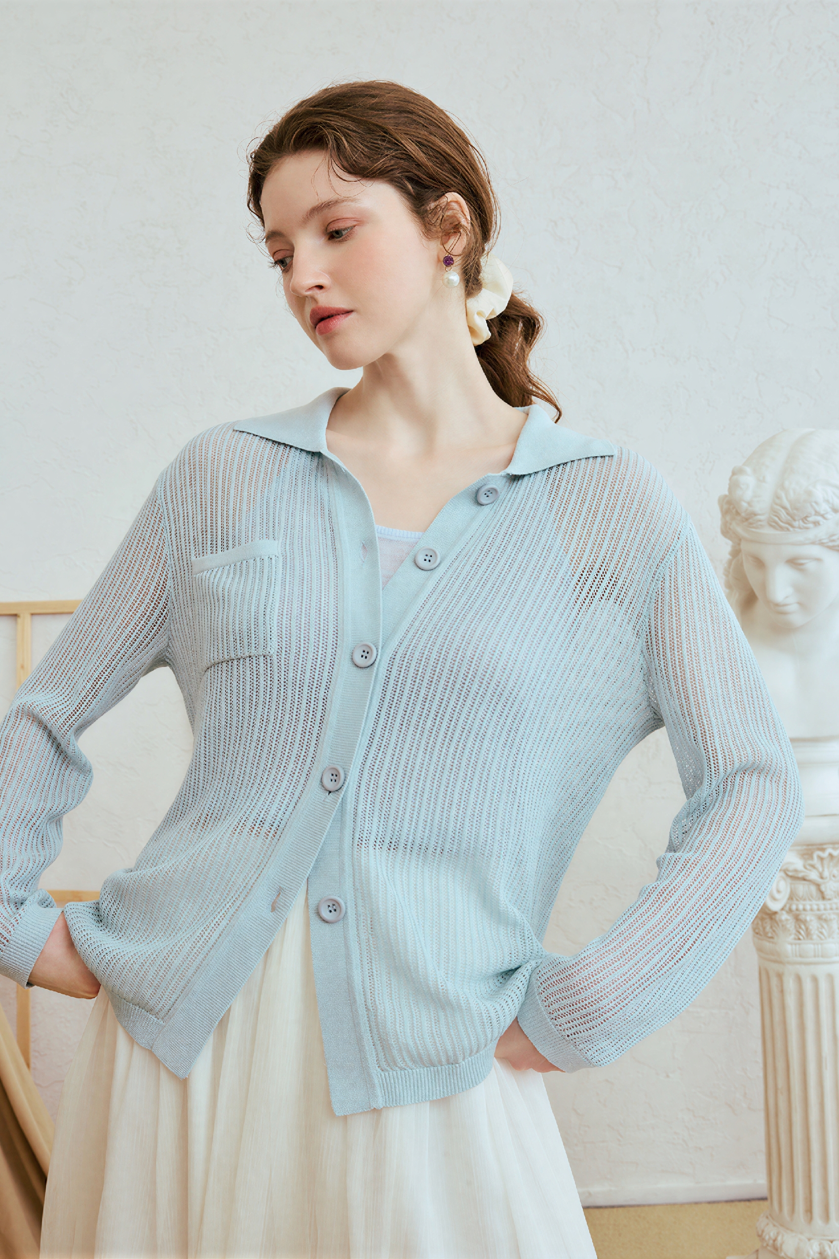 Vintage Pleated Lightweight Knit Cardigan