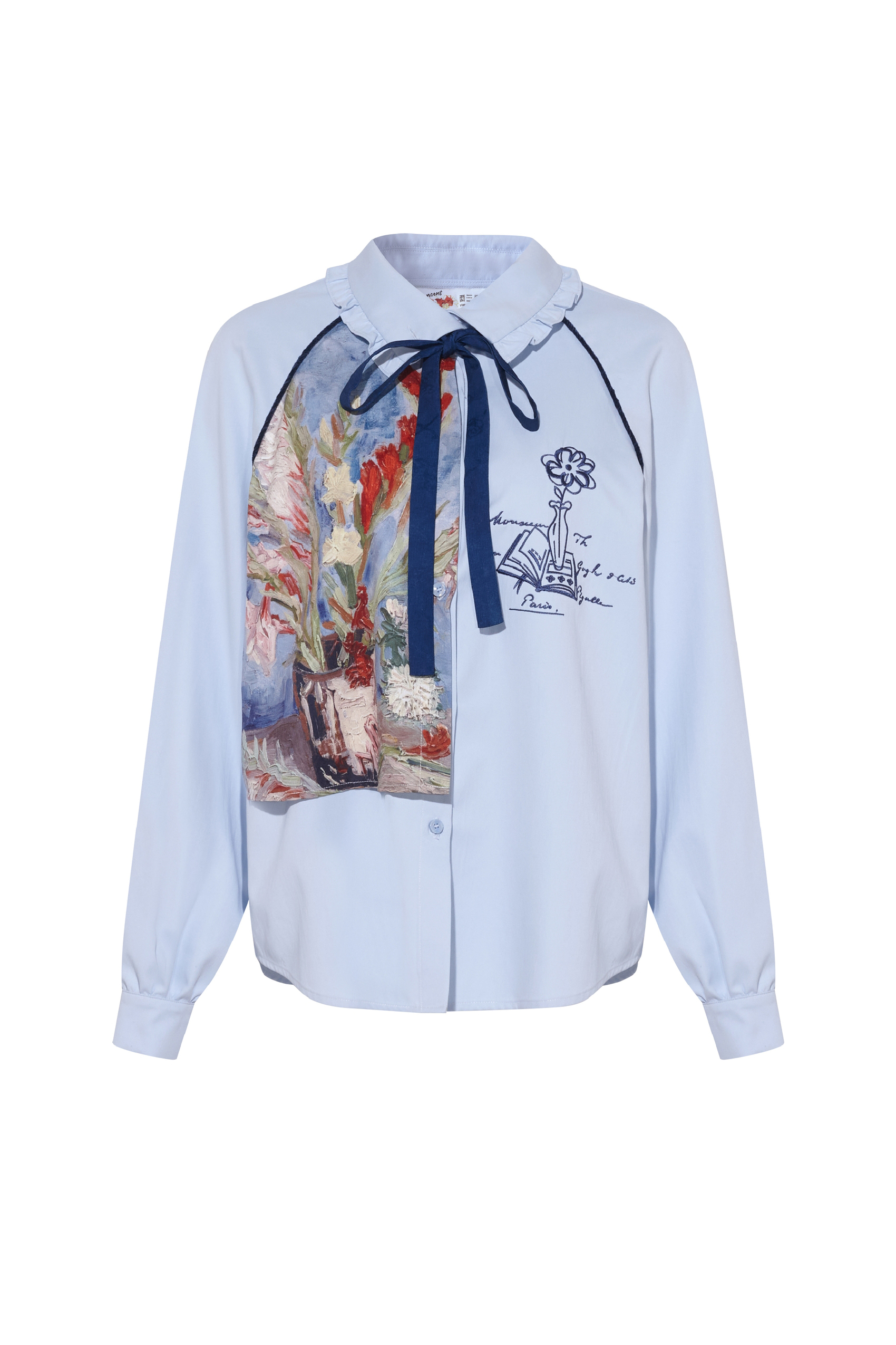Printed Patchwork Embroidered Shirt with Detachable Tie