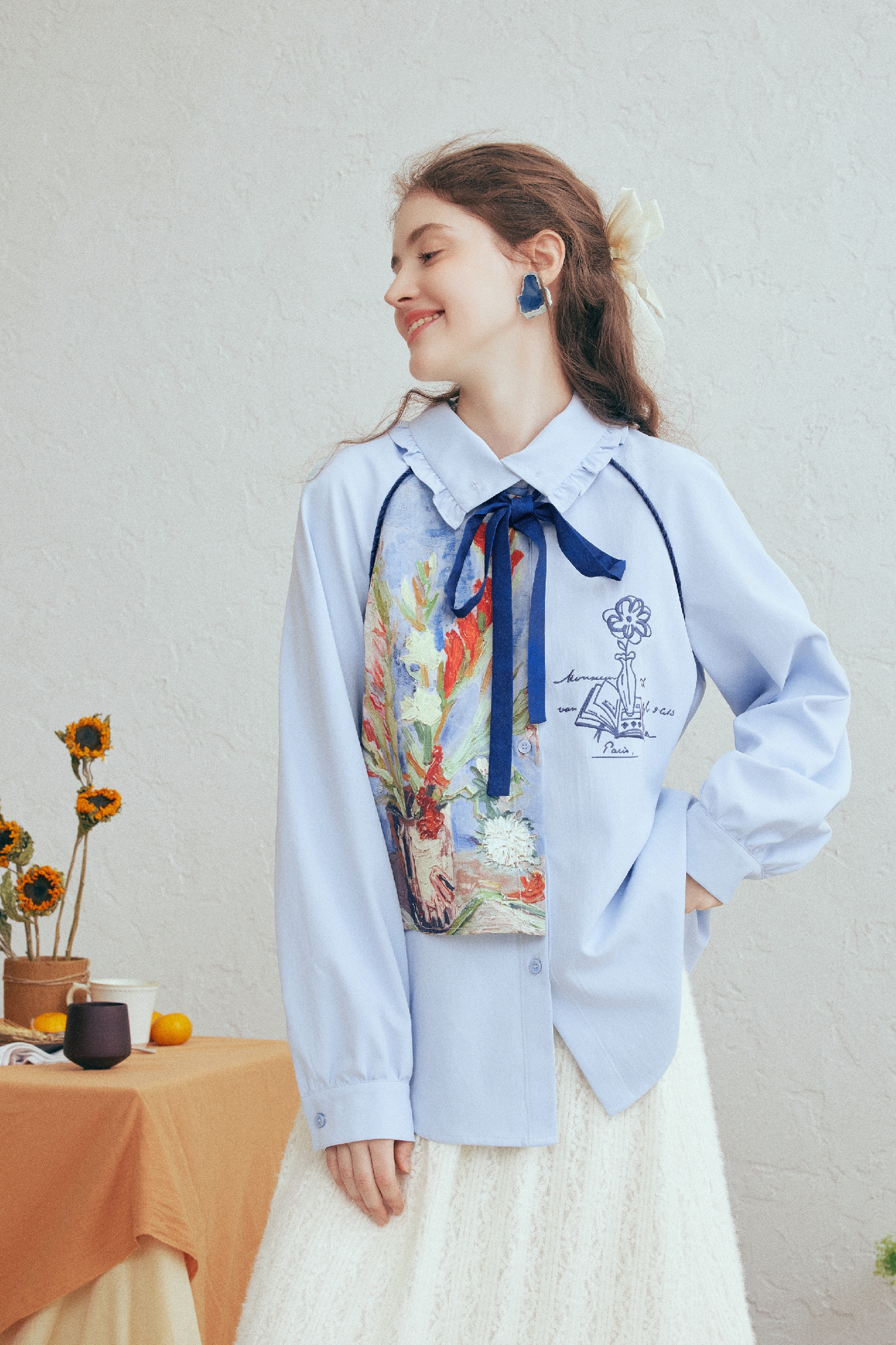 Printed Patchwork Embroidered Shirt with Detachable Tie