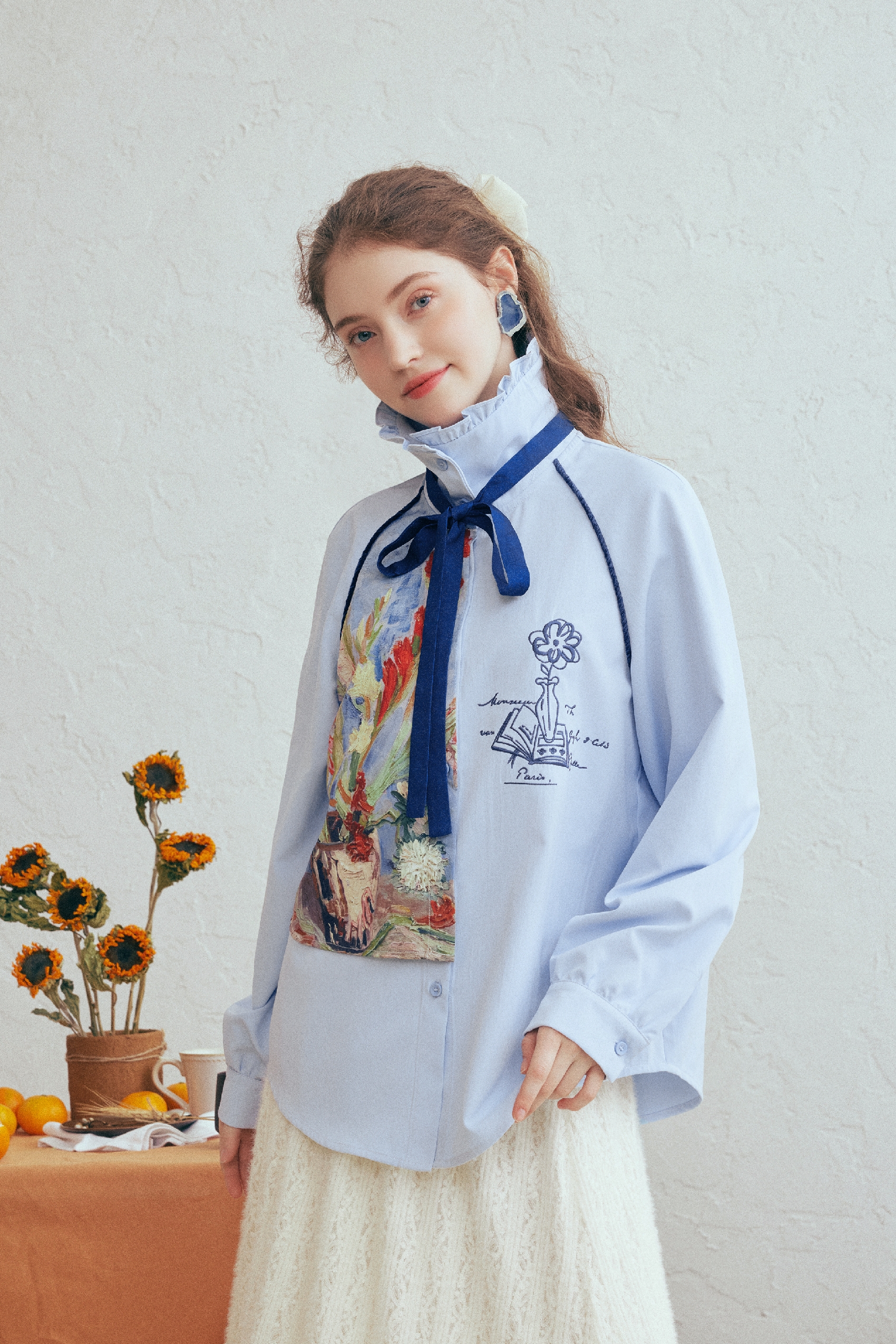 Printed Patchwork Embroidered Shirt with Detachable Tie