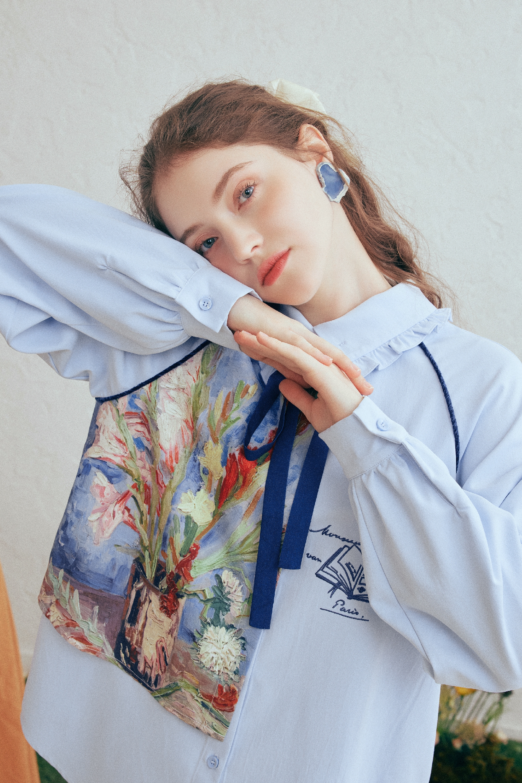 Printed Patchwork Embroidered Shirt with Detachable Tie
