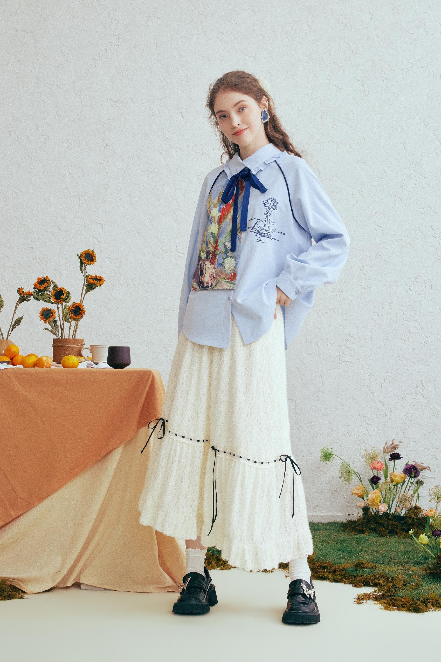 Printed Patchwork Embroidered Shirt with Detachable Tie
