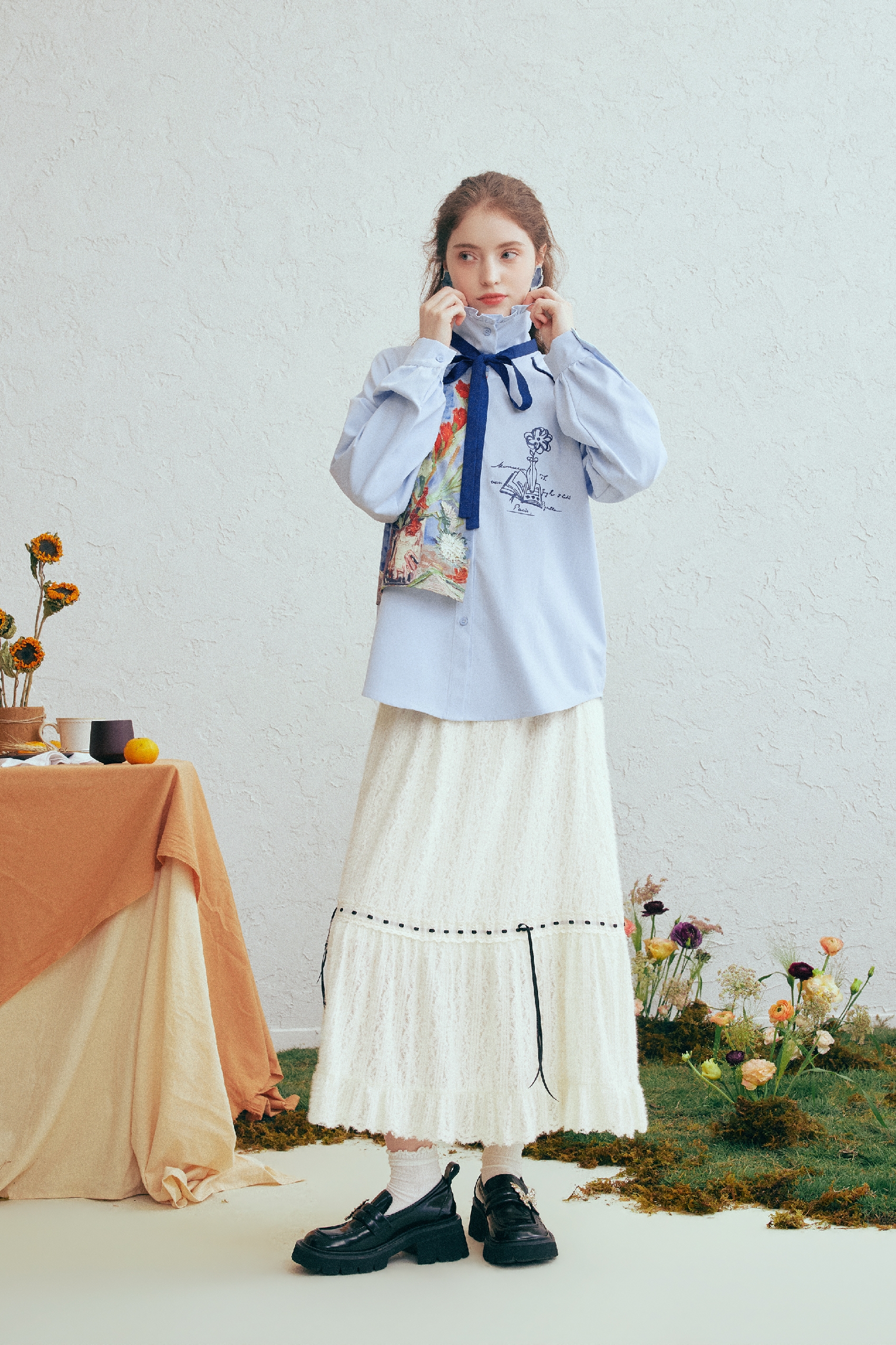 Printed Patchwork Embroidered Shirt with Detachable Tie